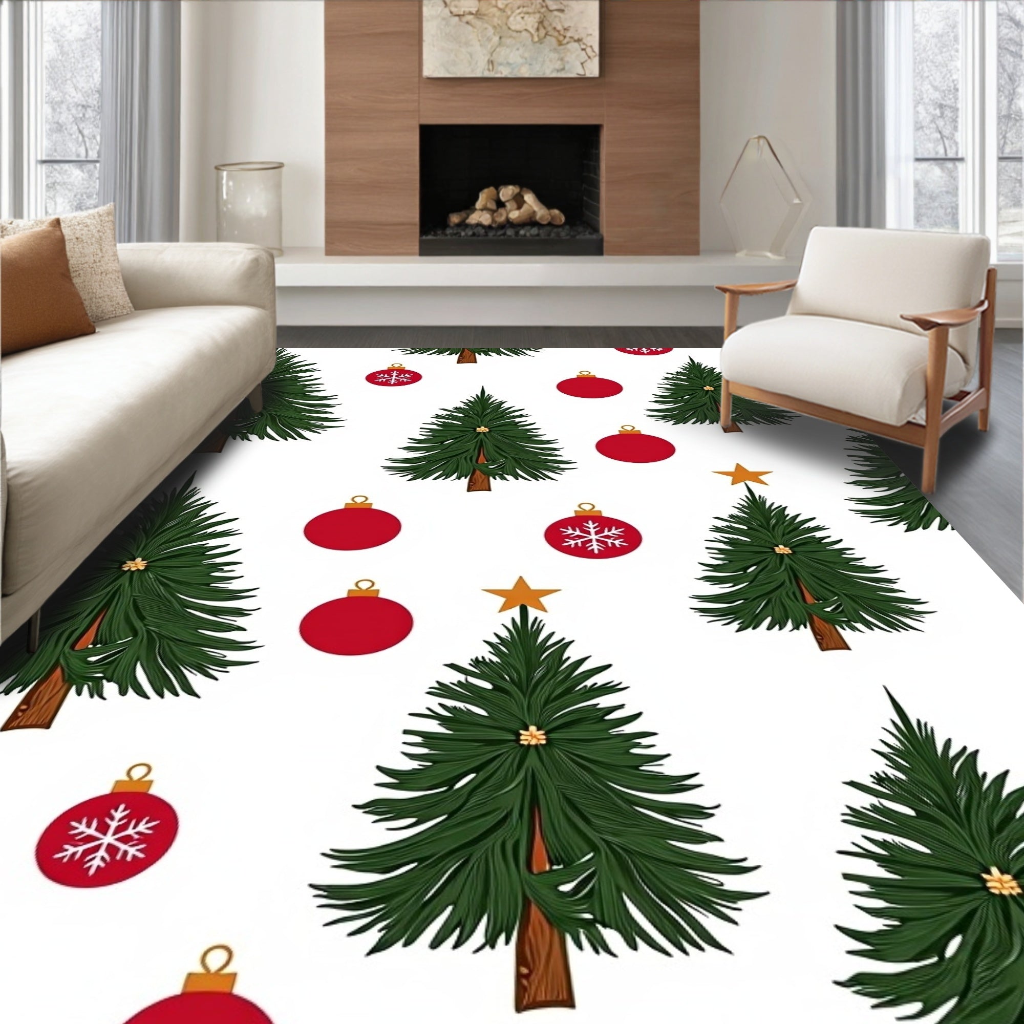 Green Christmas Tree Red Ornament Star Rug
