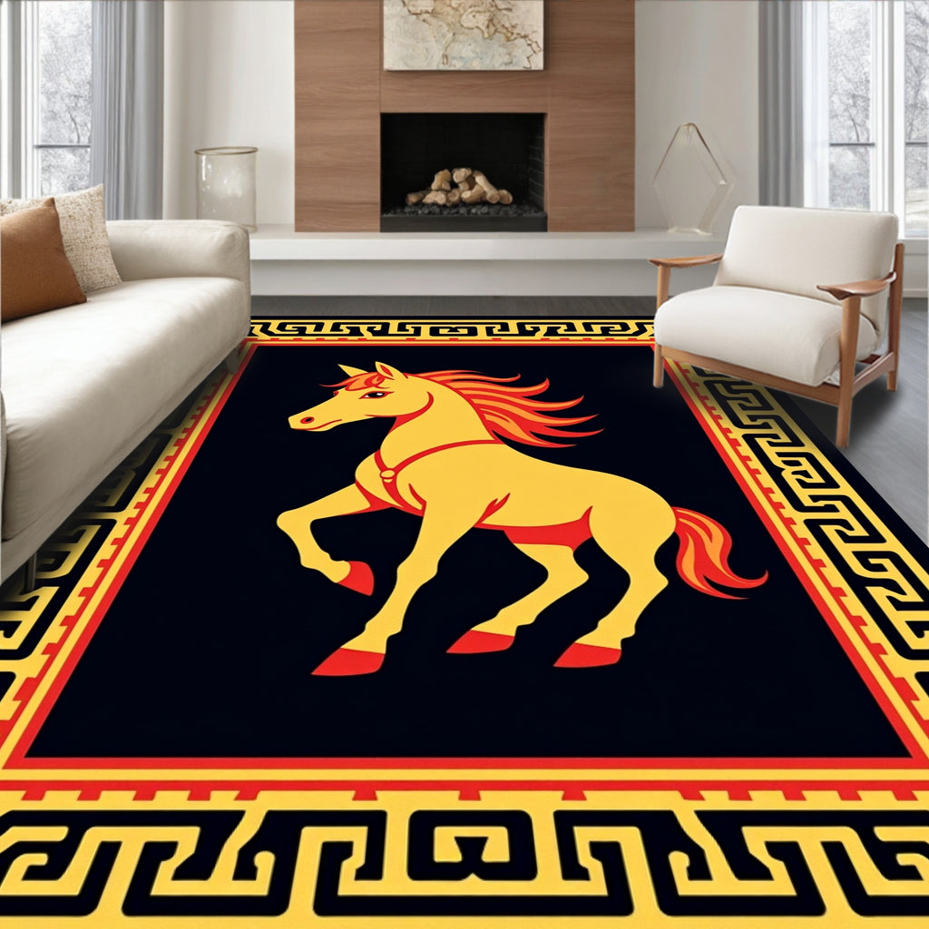 Majestic Golden Horse Red Border Rug