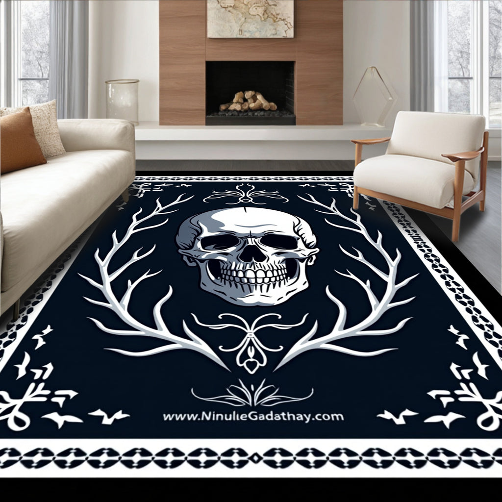 Dark Night Skull and Branches Border Rug