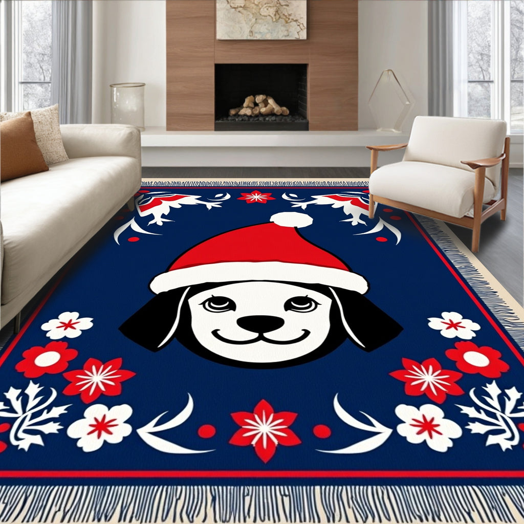 Festive Blue Christmas Puppy Floral Rug