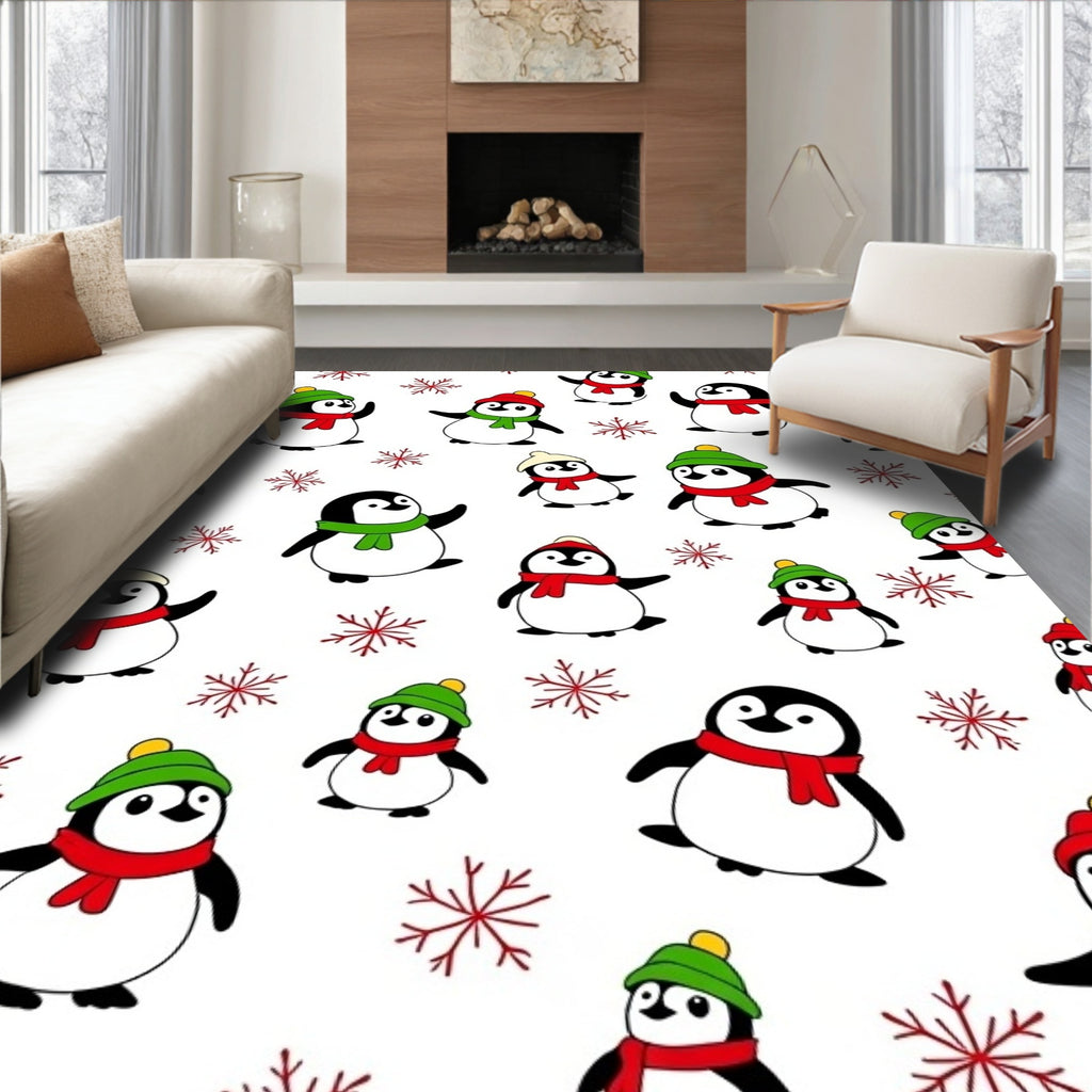 Whimsical Penguin Snowflakes Red Green Rug