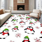 Whimsical Penguin Snowflakes Red Green Rug