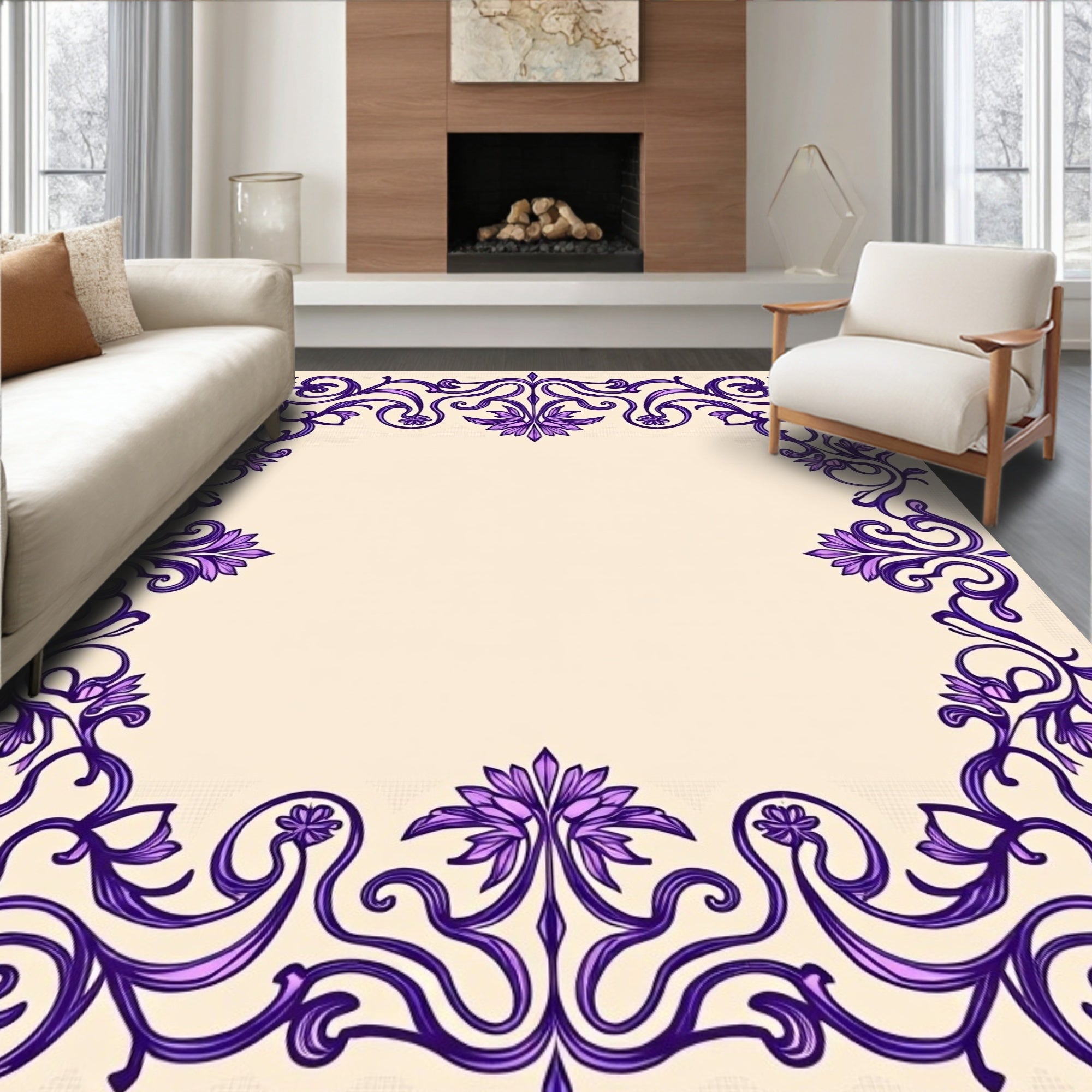 Art Nouveau Purple Floral Swirl Frame Rug