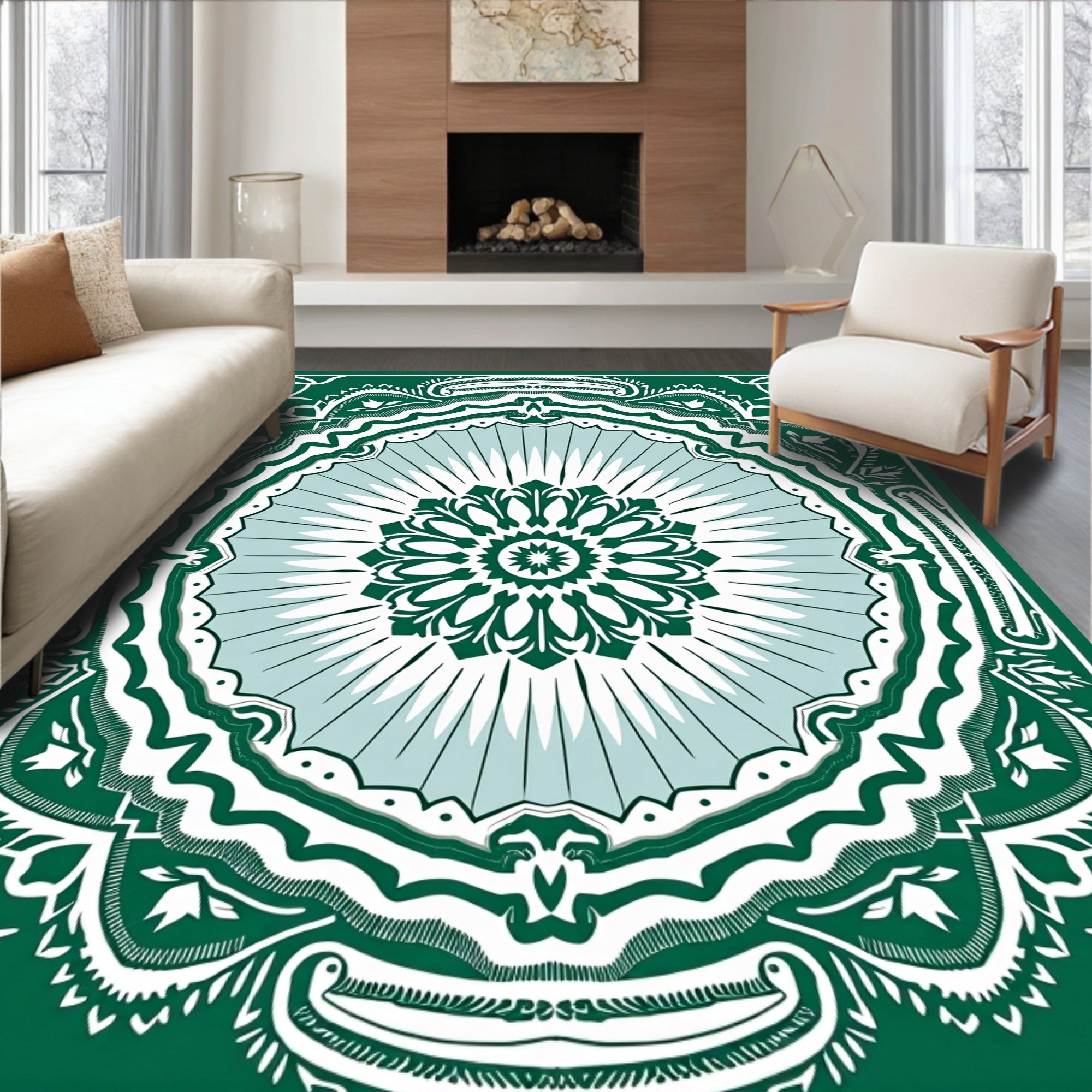 Emerald Green Floral Medallion Concentric Rug