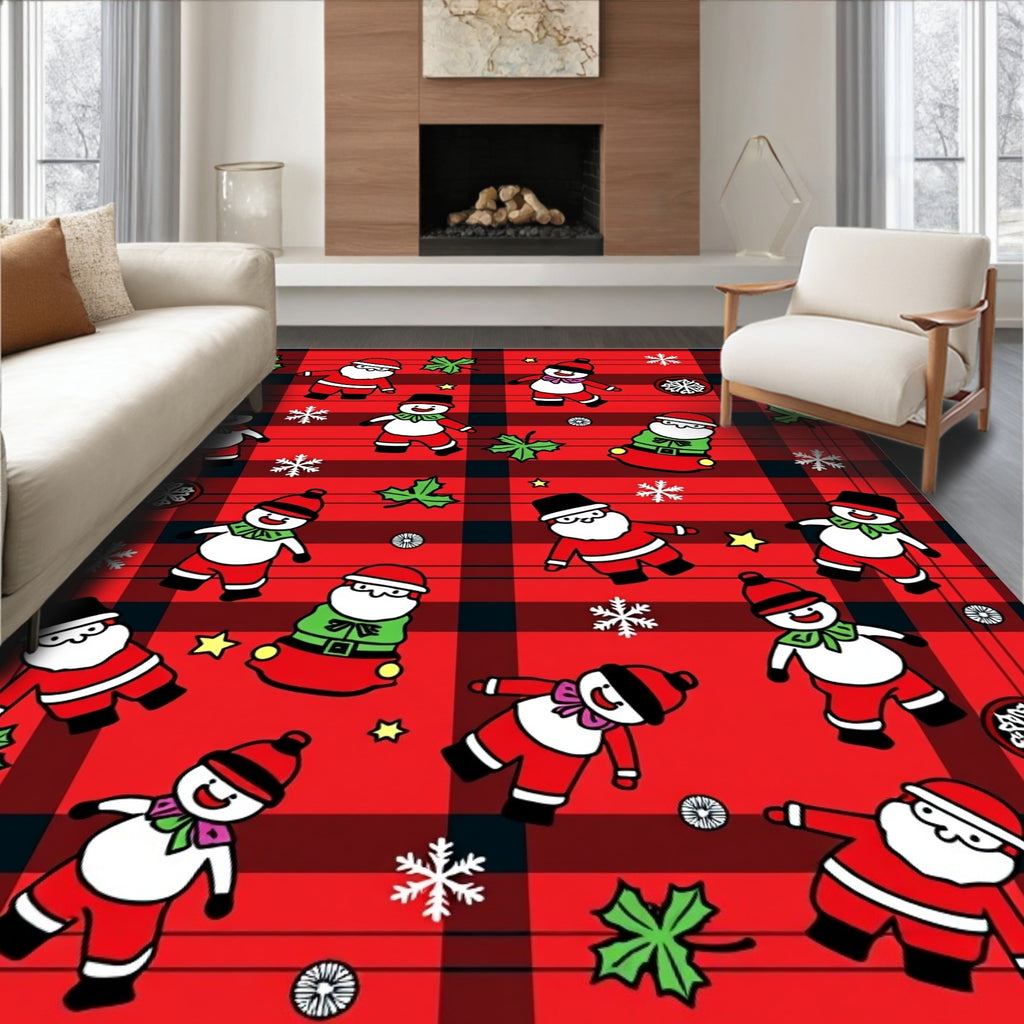 Jolly Santa Snowman Plaid Christmas Rug