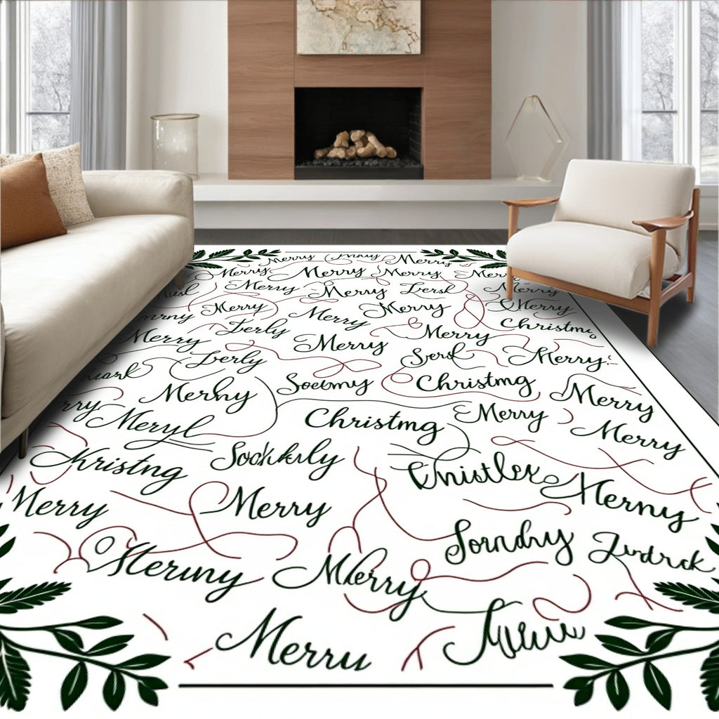 Christmas Script All Over Leafy Border Rug