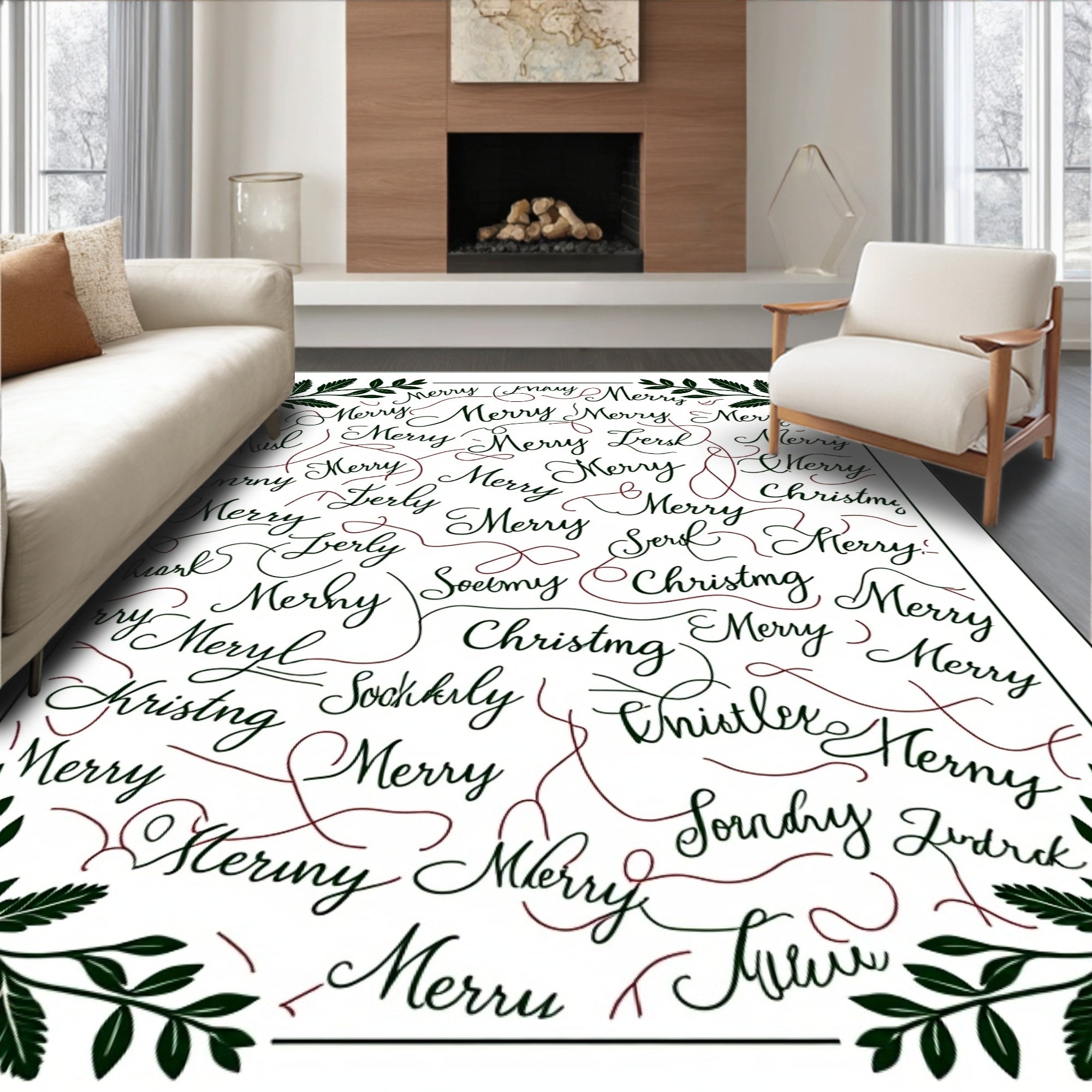 Christmas Script All Over Leafy Border Rug