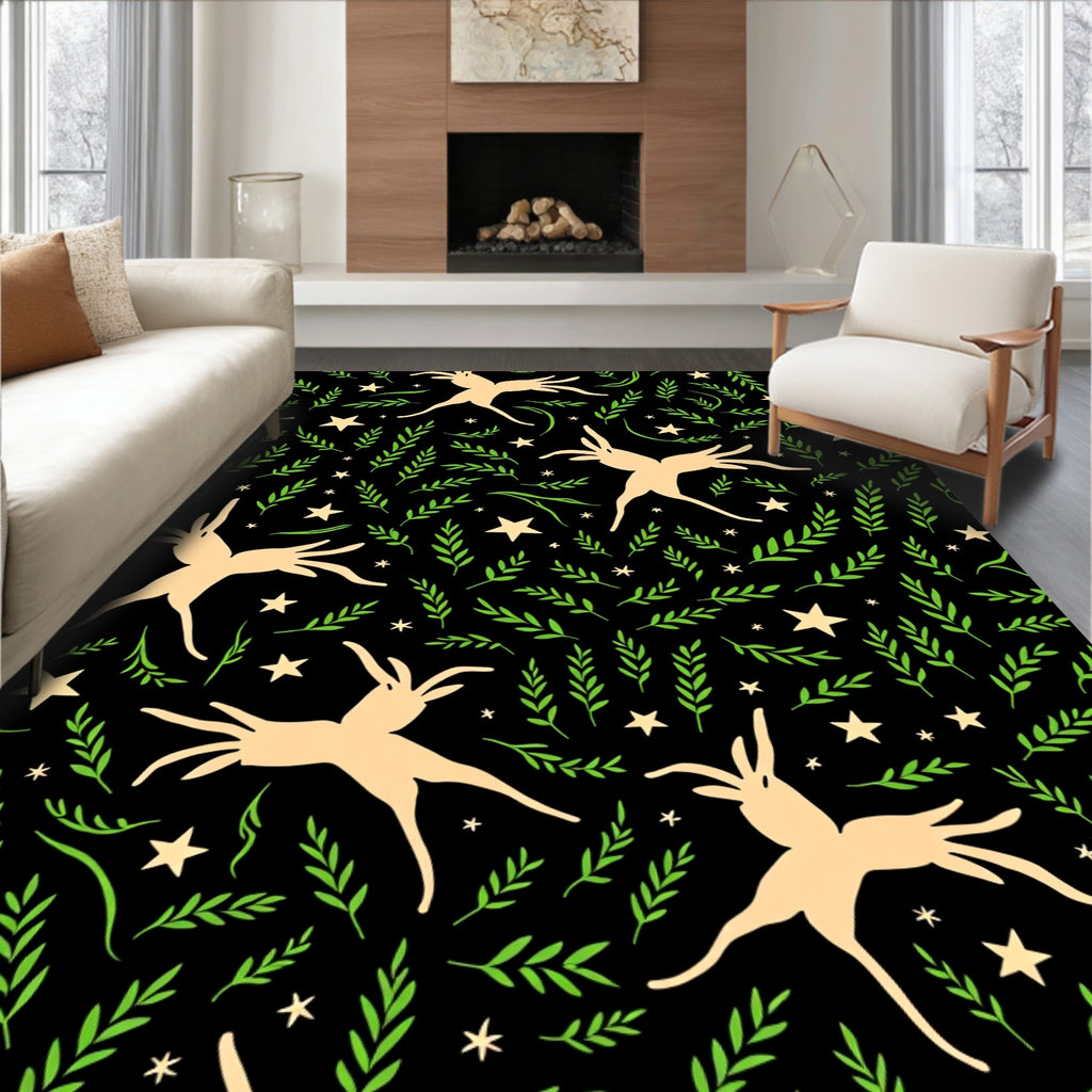 Playful Deer Green Foliage Starry Night Rug