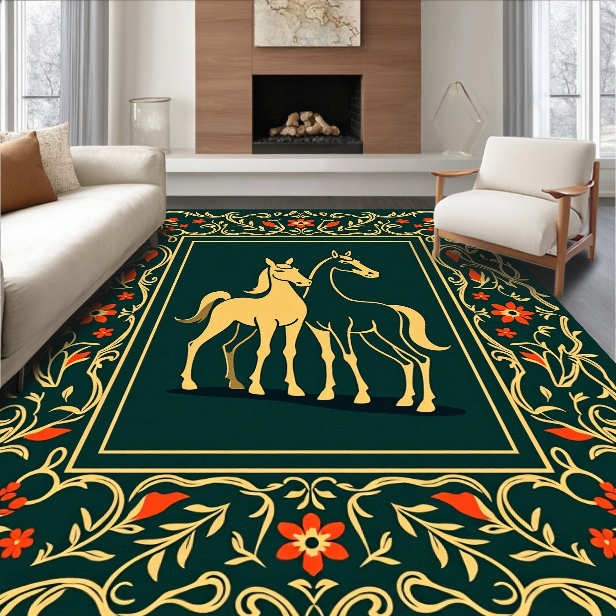 Golden Horses Floral Border Rug