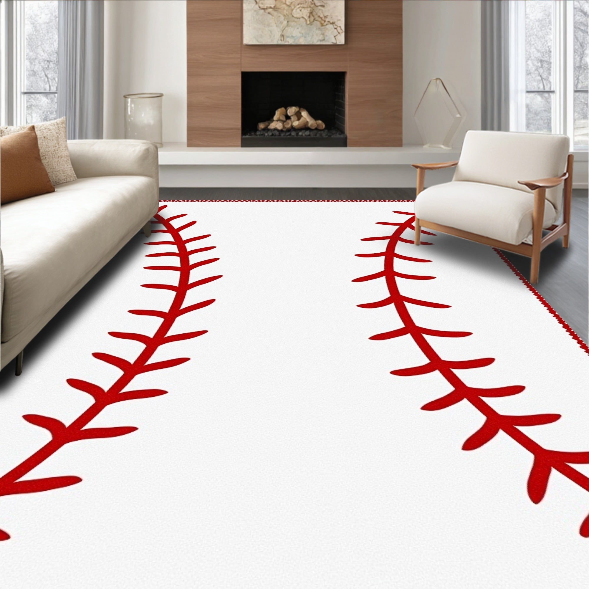 Red Baseball Stitch Border Rug