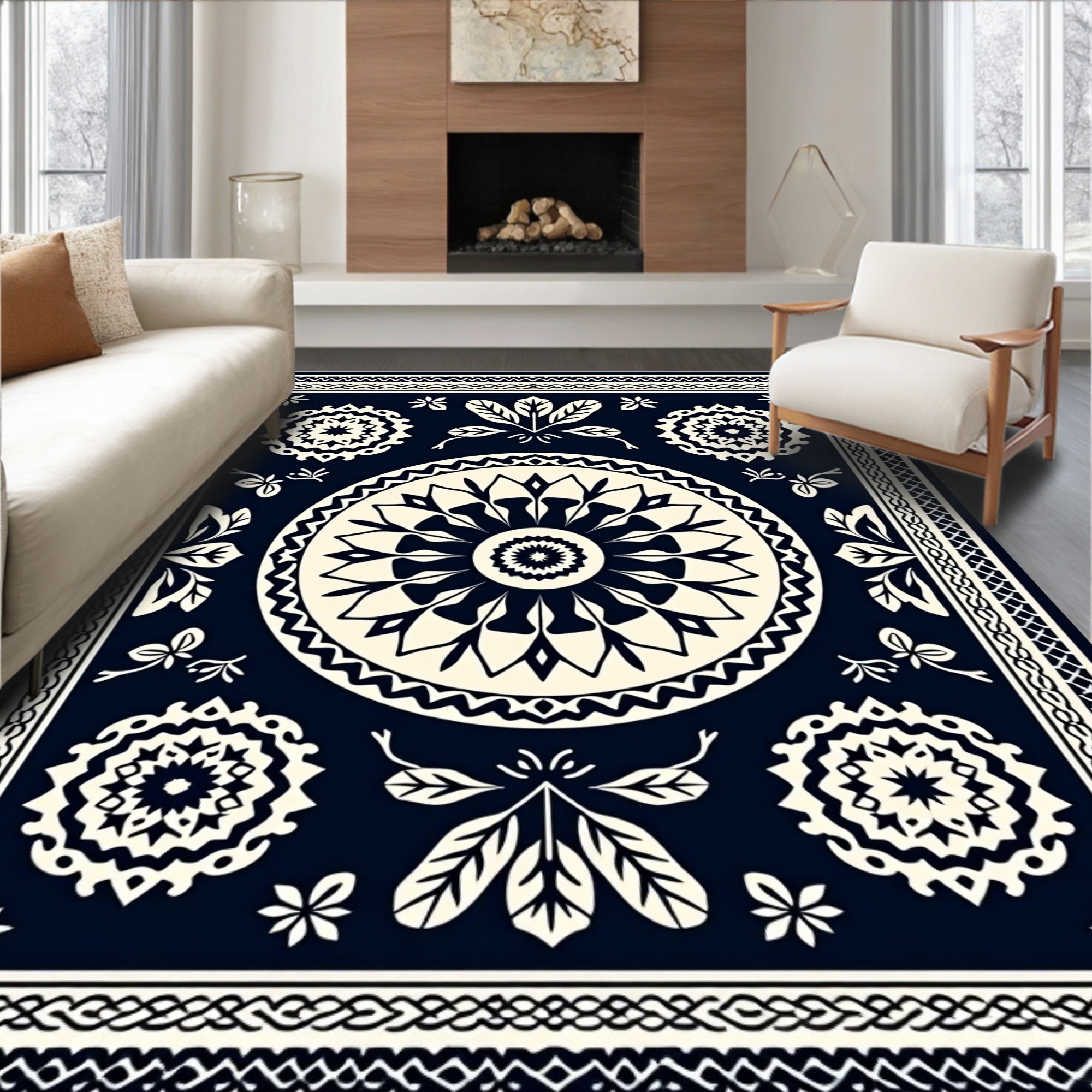Navajo Cream Dark Blue Floral Medallion Rug