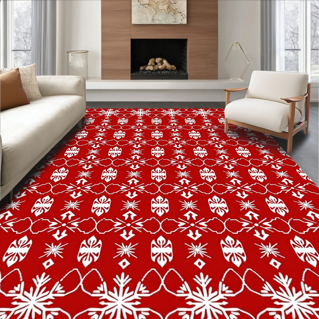 Crimson Snowflake Geometric Border Rug