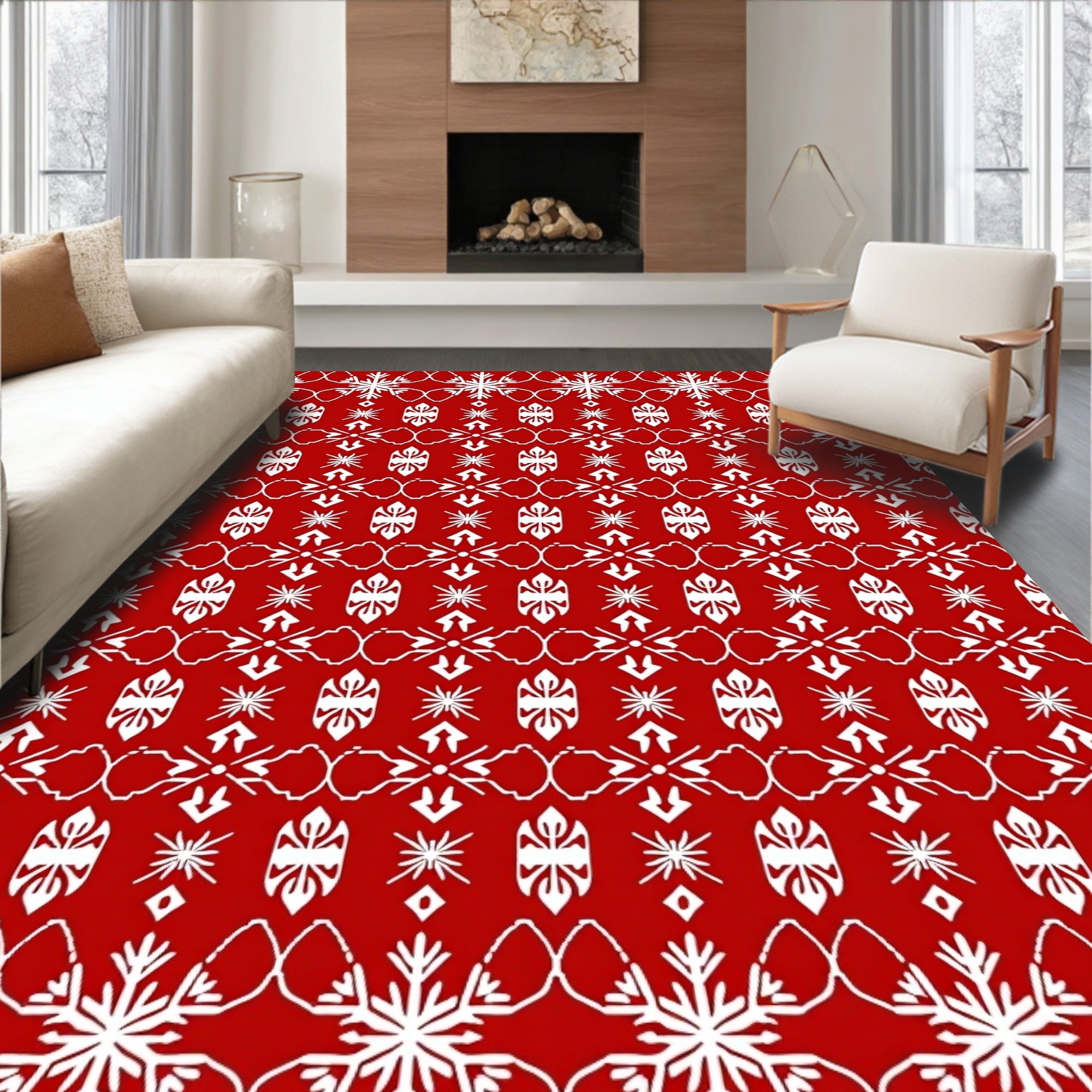 Crimson Snowflake Geometric Border Rug