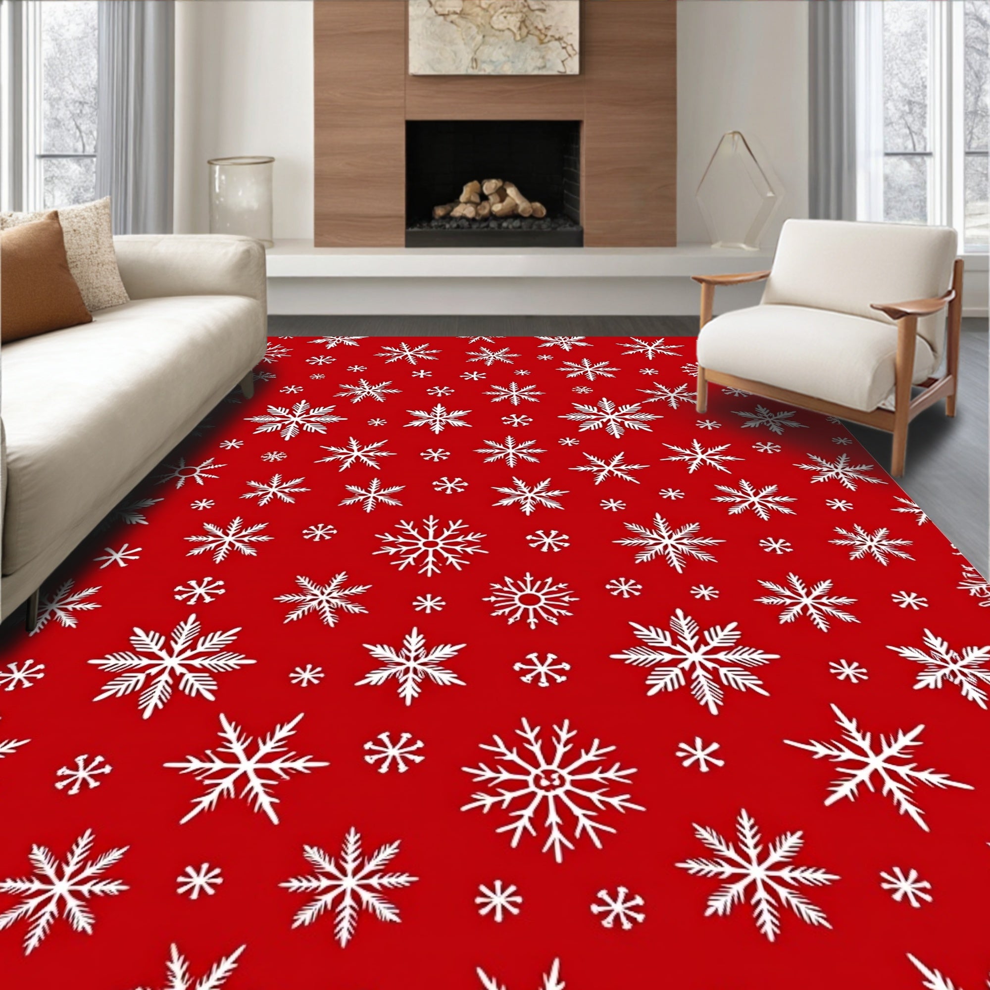 White Snowflake Cluster Red Field Rug