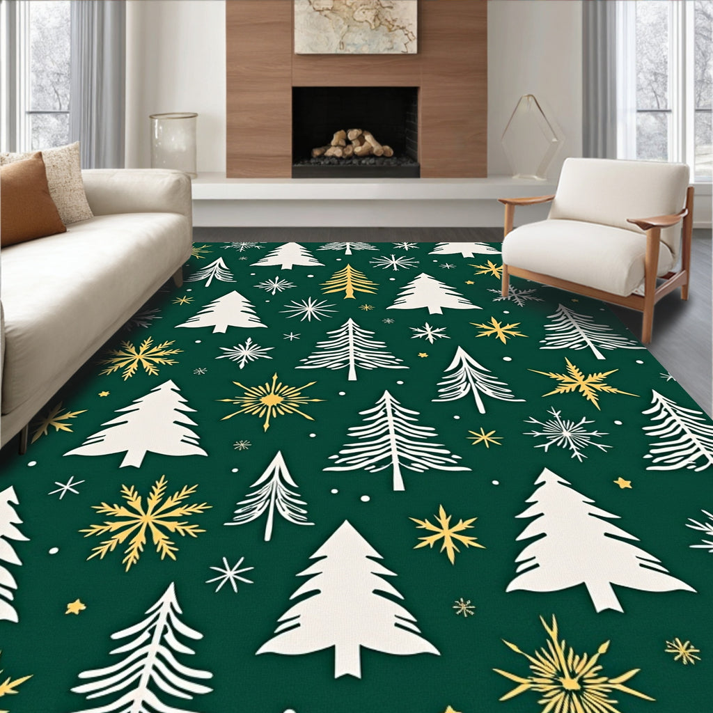 Green Evergreen Snowfall Forest Rug