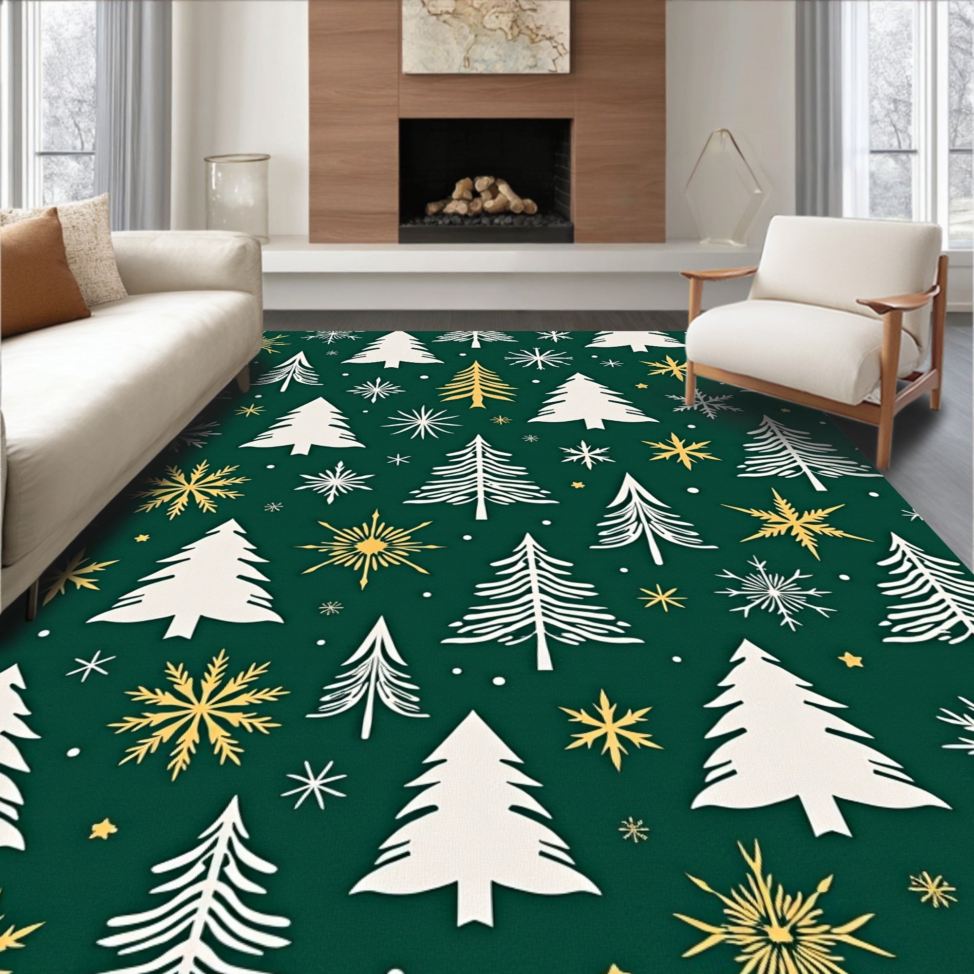 Green Evergreen Snowfall Forest Rug