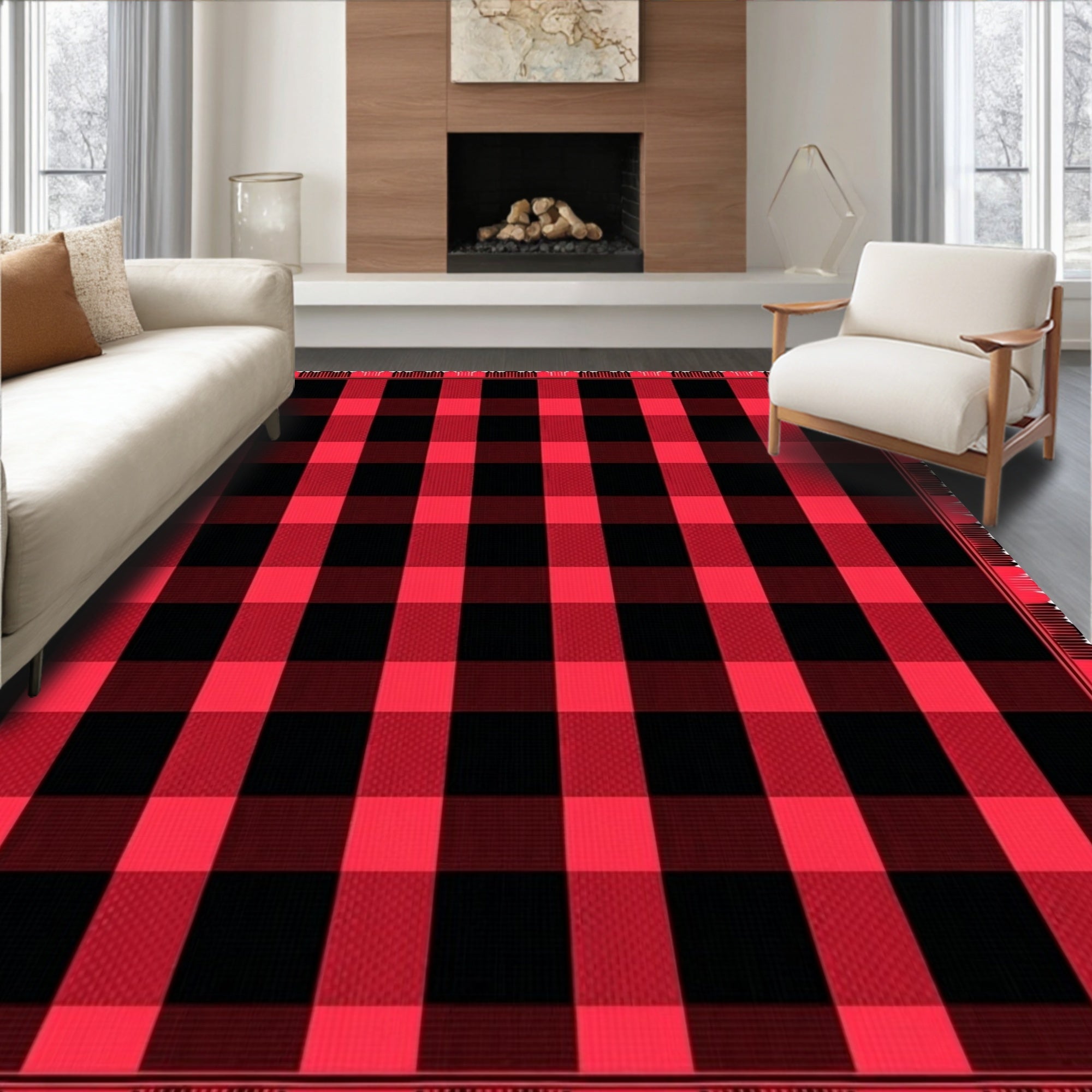 Bold Crimson Black Plaid Fabric Rug