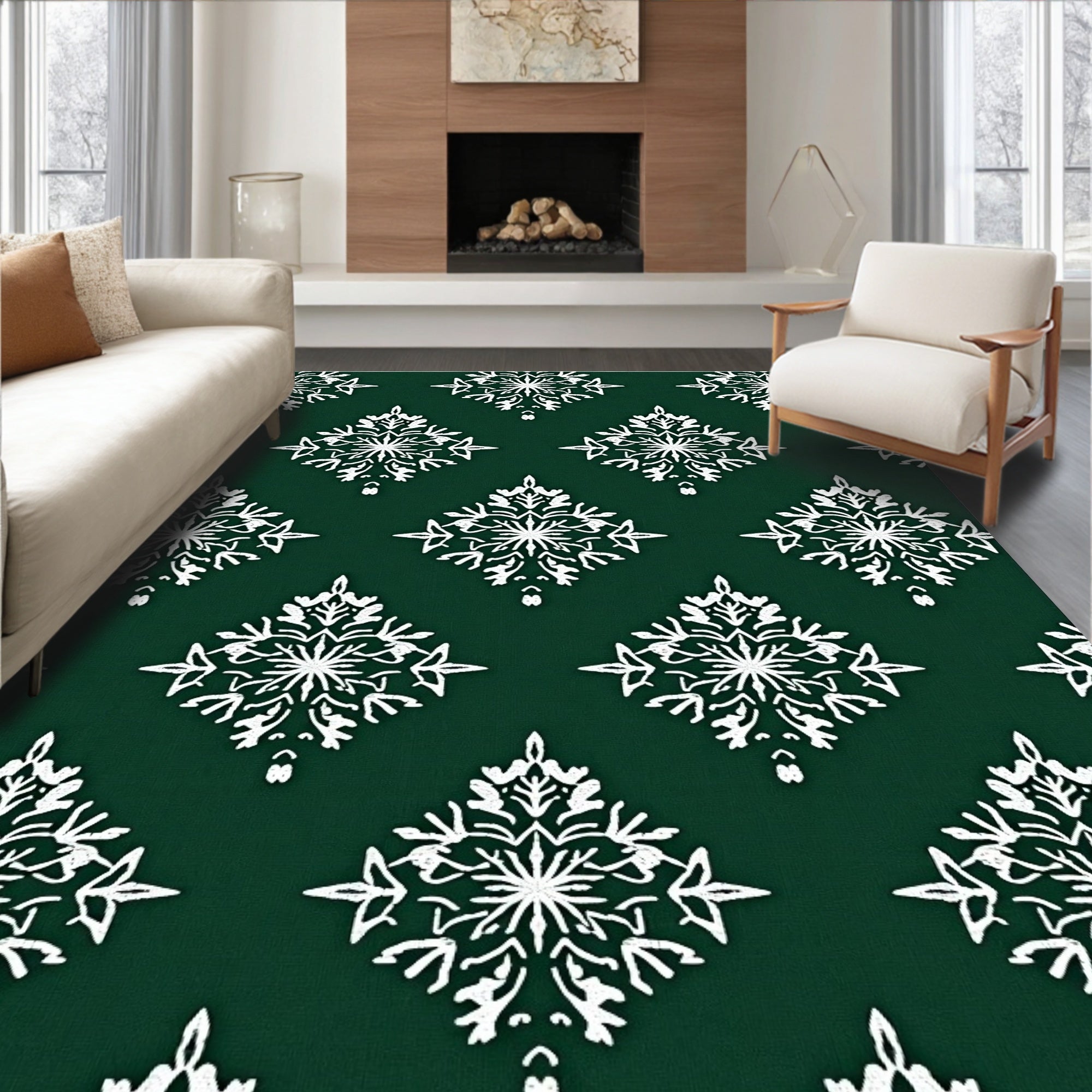 White Snowflake Diamond Dark Green Field Rug