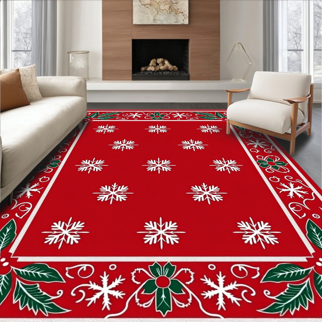 Christmas Red Snowflake Holly Border Rug