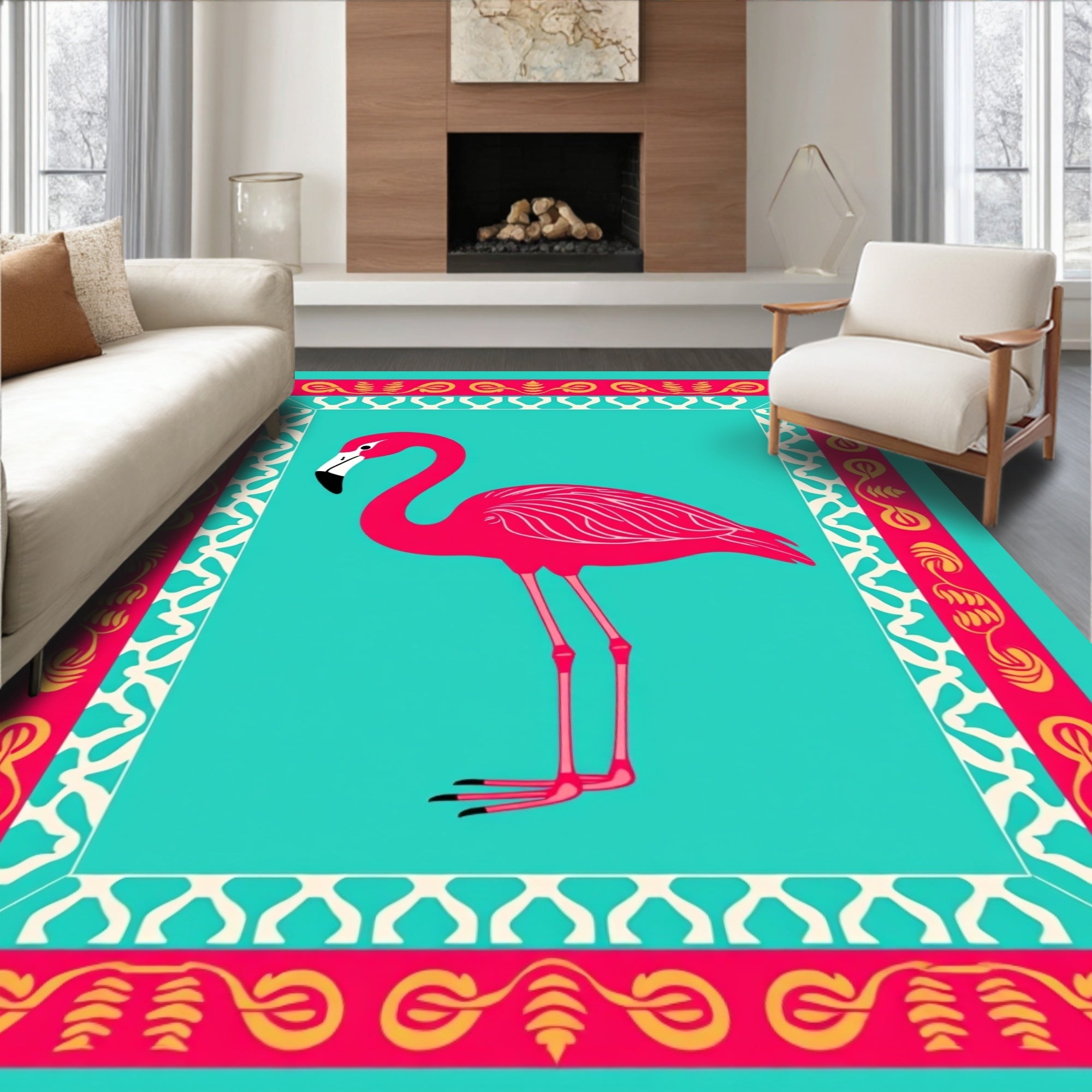 Vibrant Pink Flamingo Tropical Border Rug