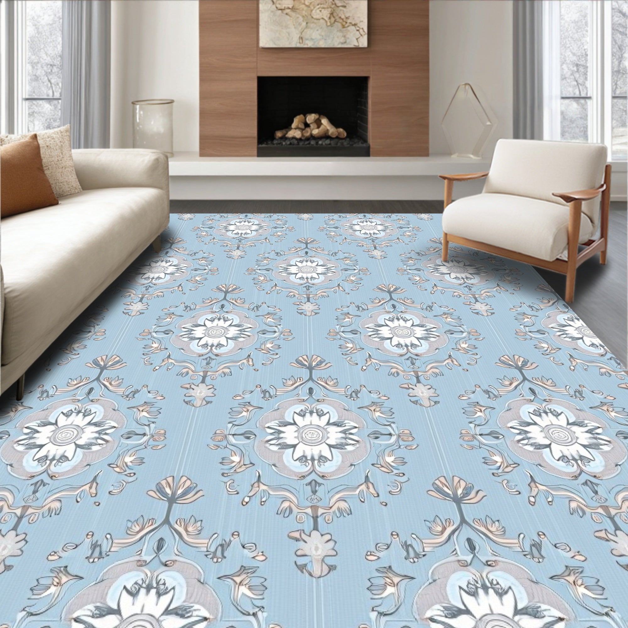 Serene Blue Floral Medallion Damask Rug