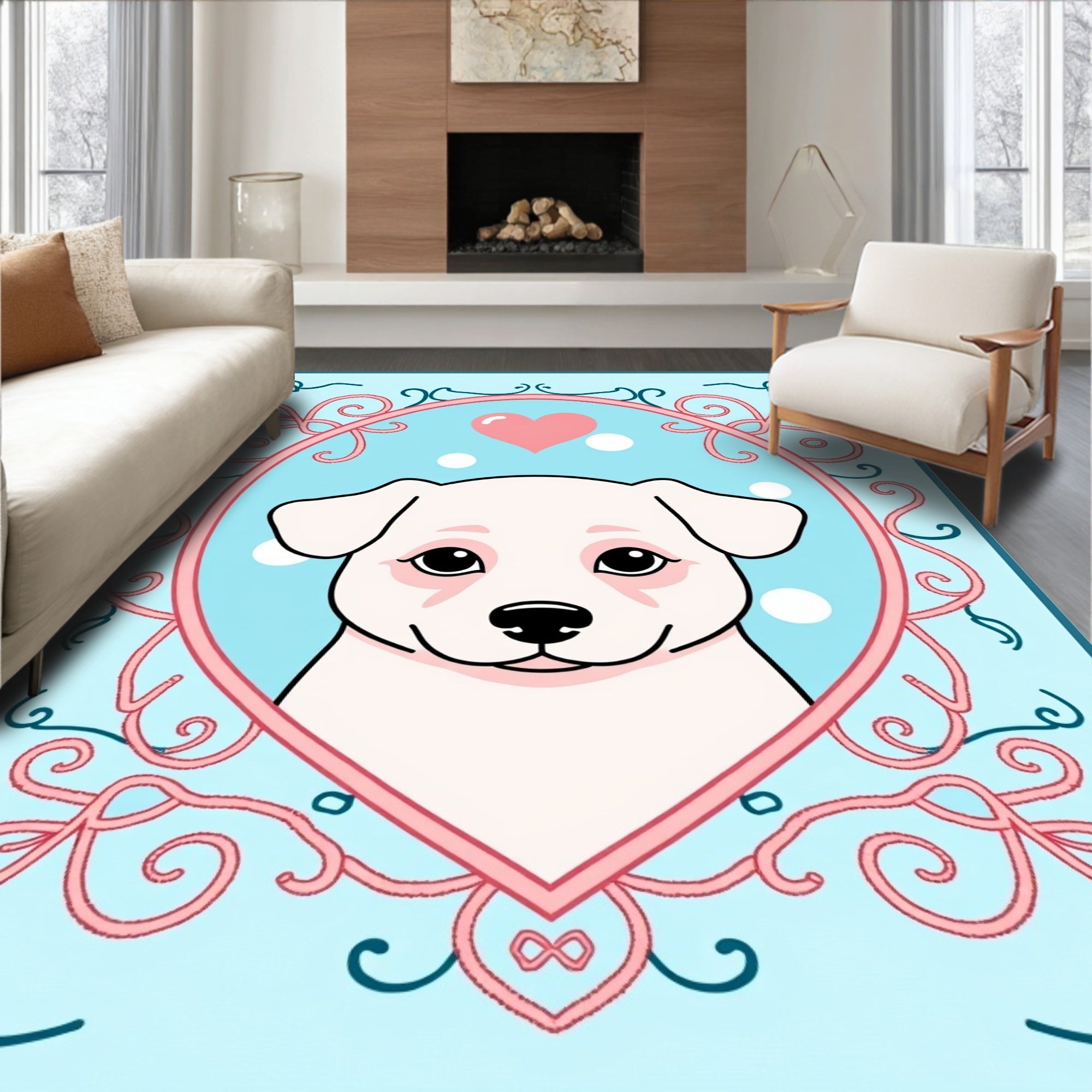 Whimsical Puppy Heart Oval Border Rug