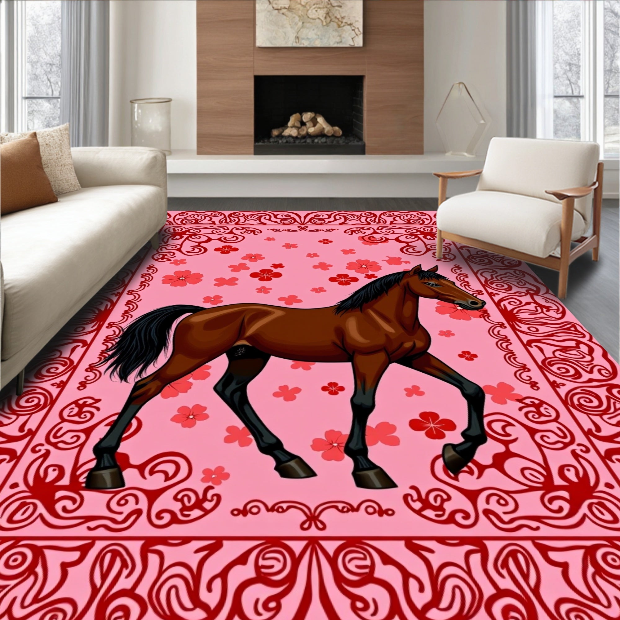 Elegant Pink Floral Horse Artwork Rug
