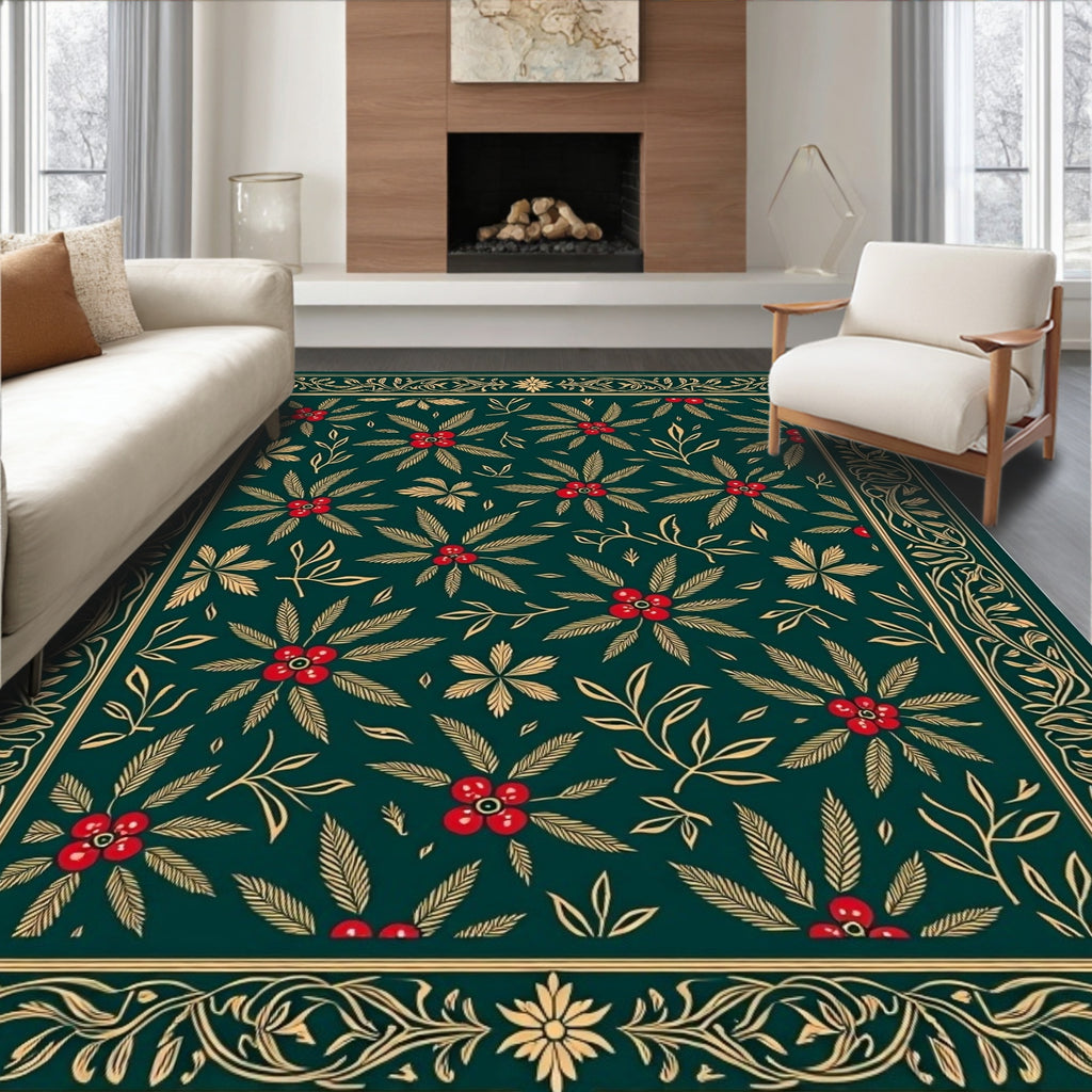 Emerald Green Floral Border Medallion Rug
