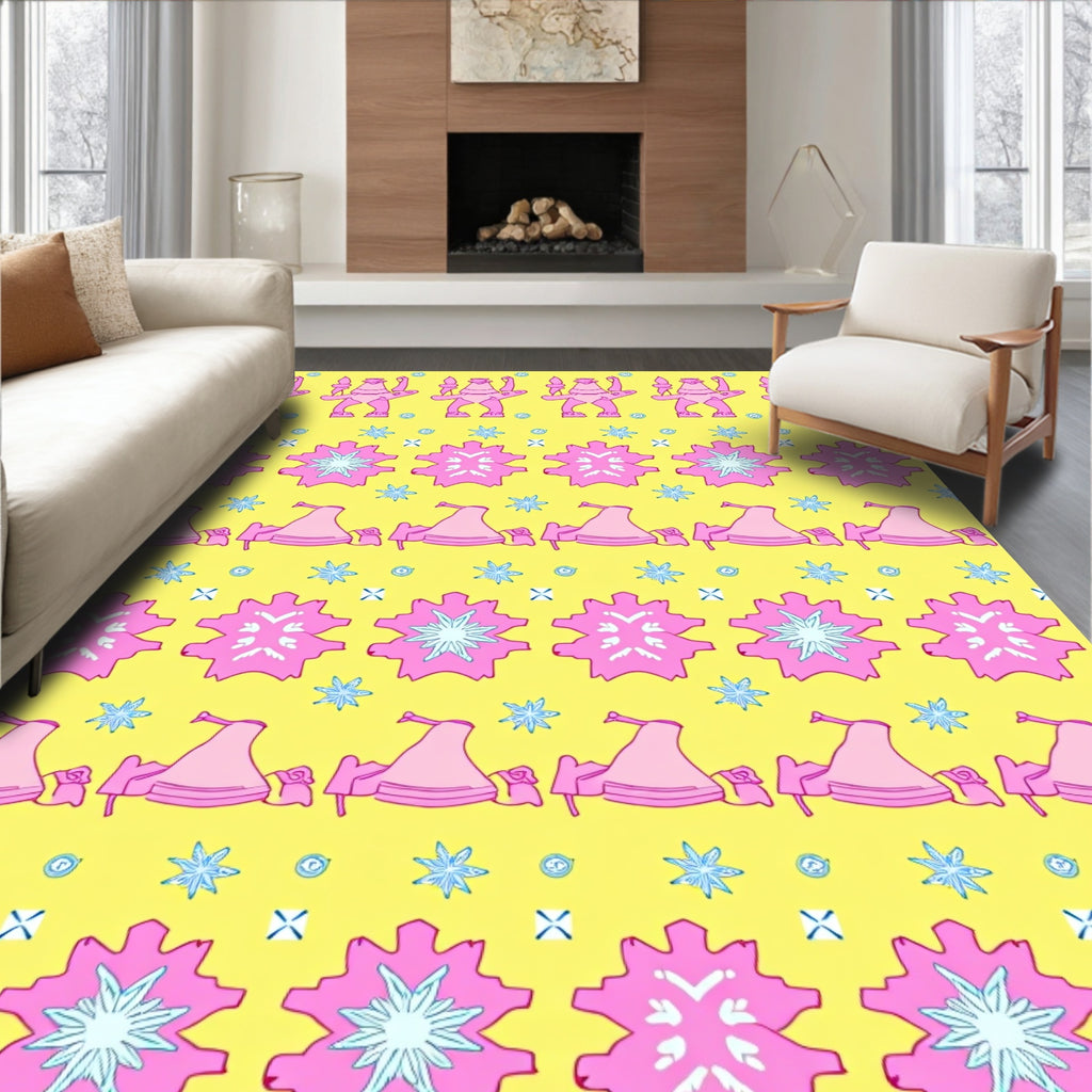 Whimsical Pink Figures Yellow Field Rug