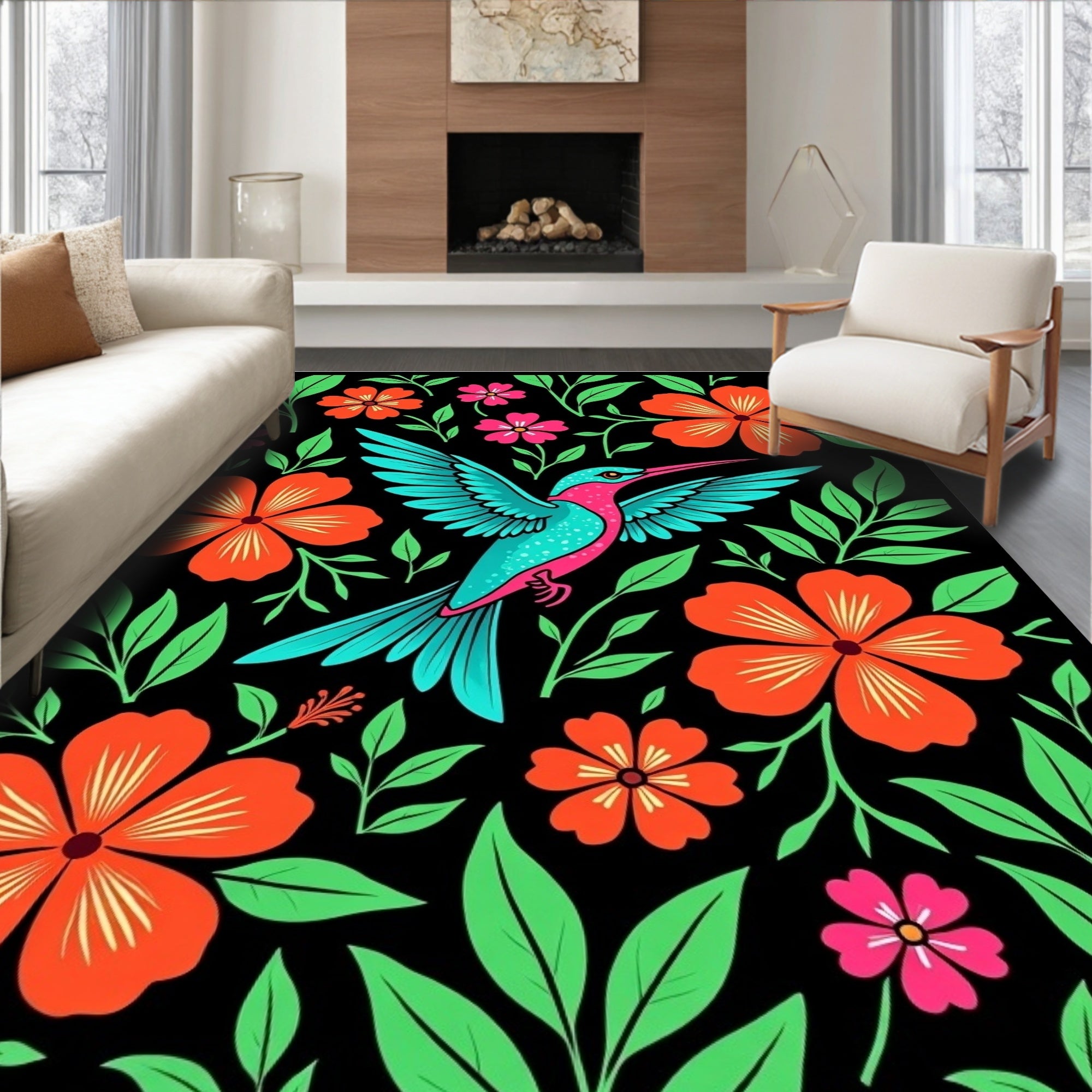 Vibrant Hummingbird Tropical Floral Rug