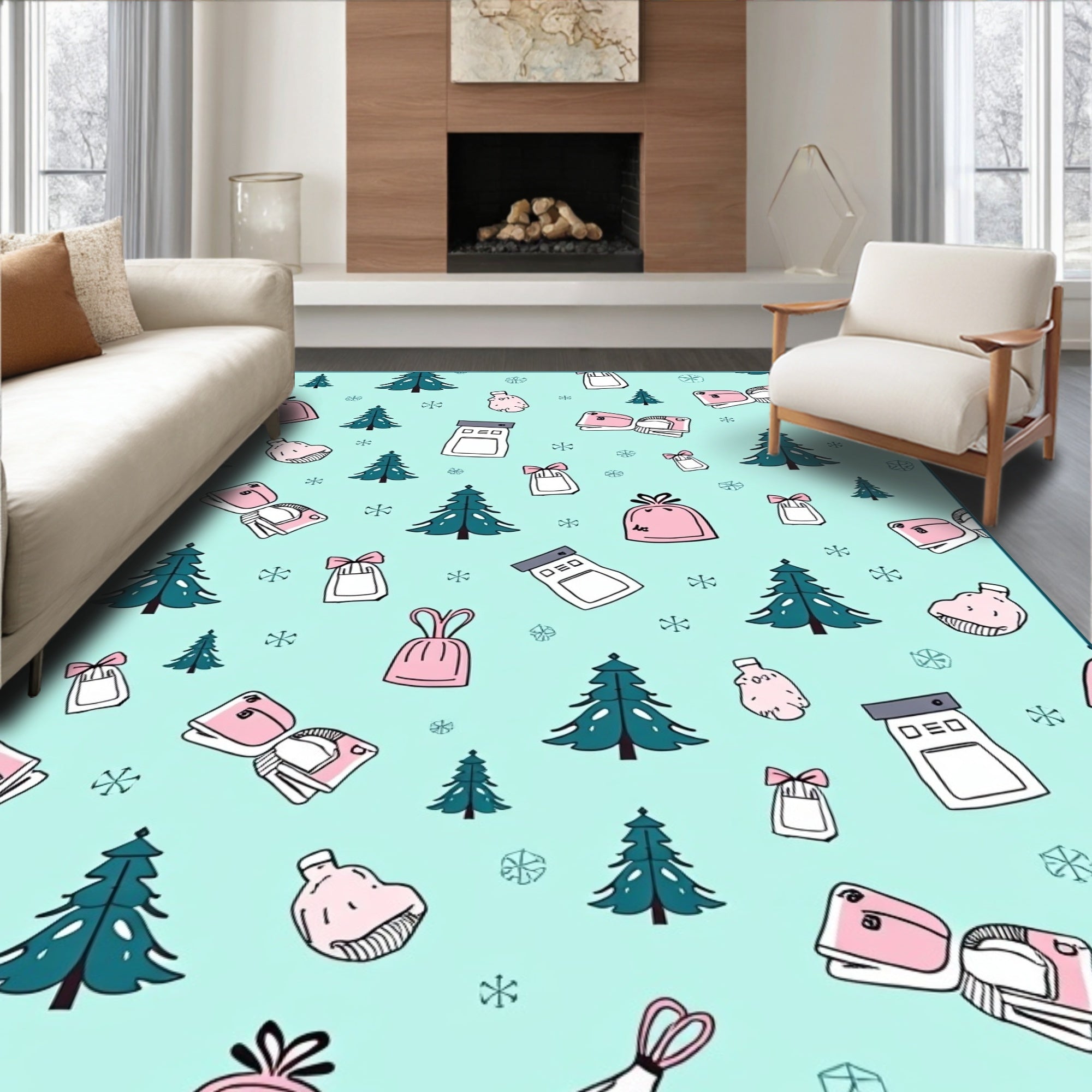 Pink Gifts Teal Pine Tree Snowflakes Rug