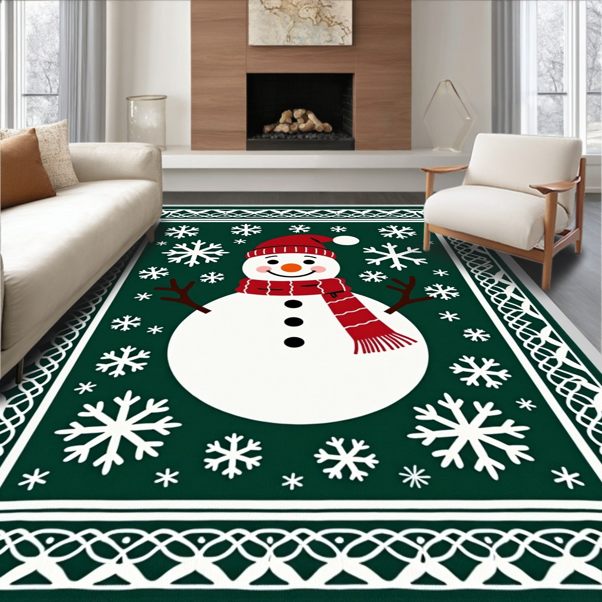 Festive Snowman Green Snowflake Border Rug