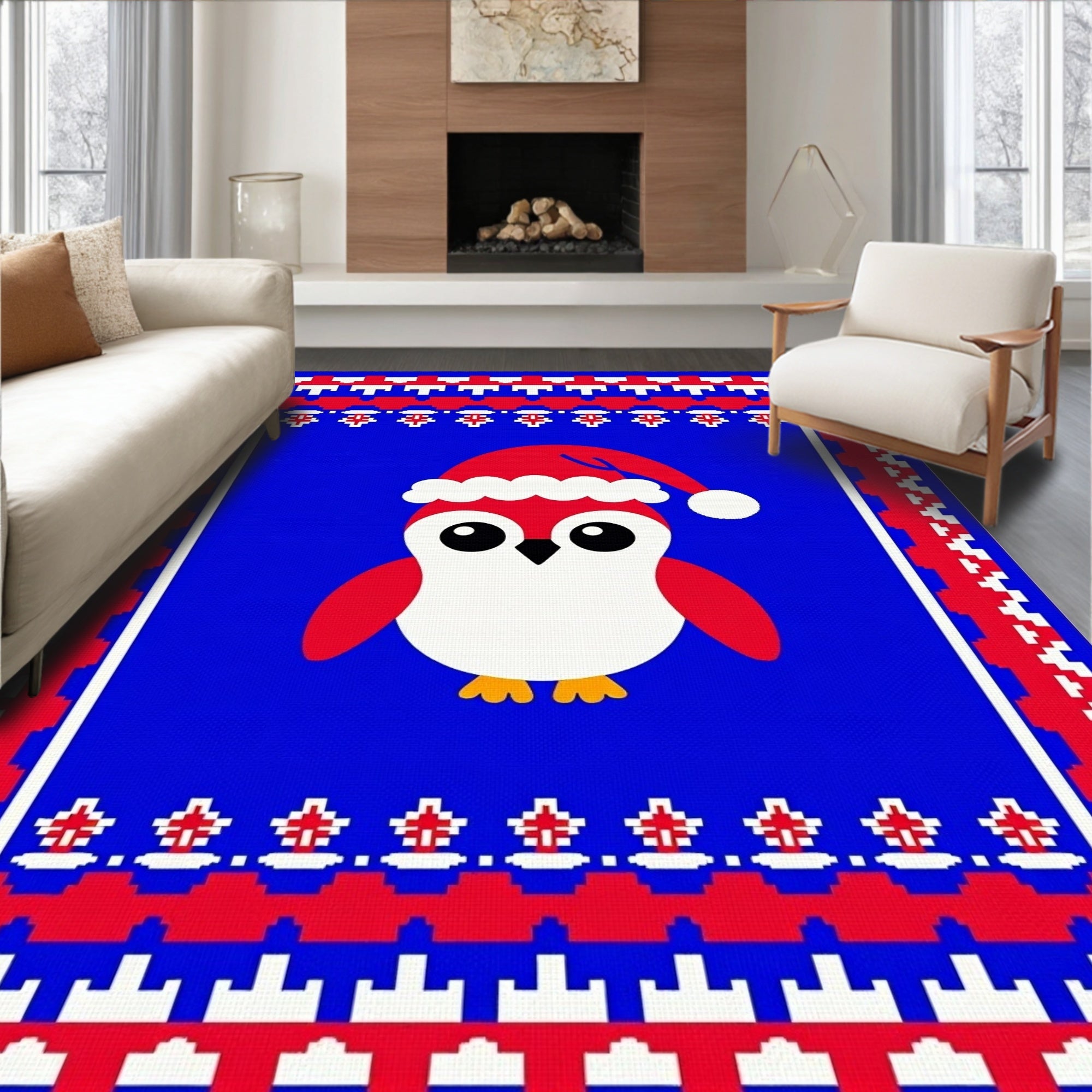 Cute Red Penguin Christmas Sweater Rug