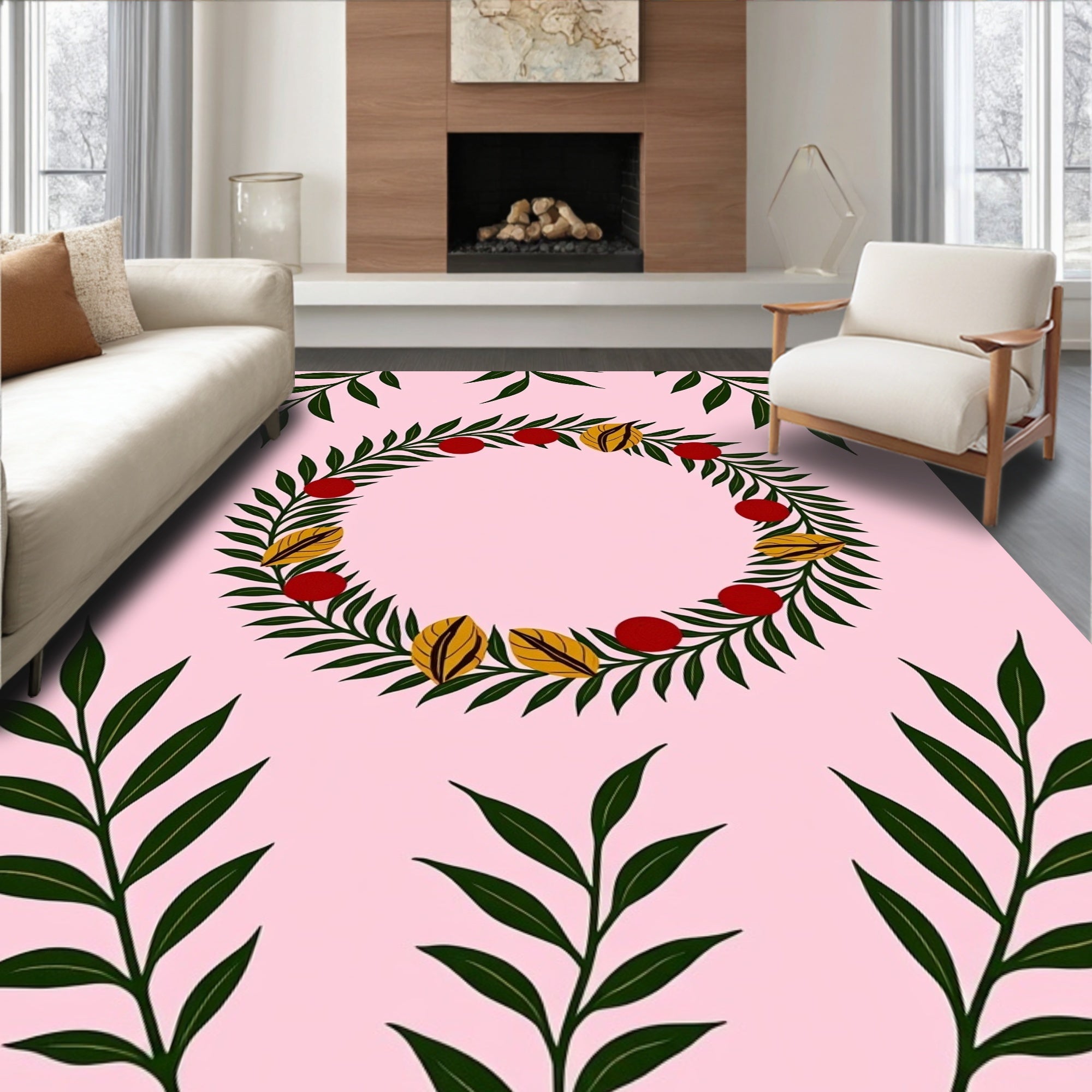 Pink Wreath Botanical Floral Red Accent Rug