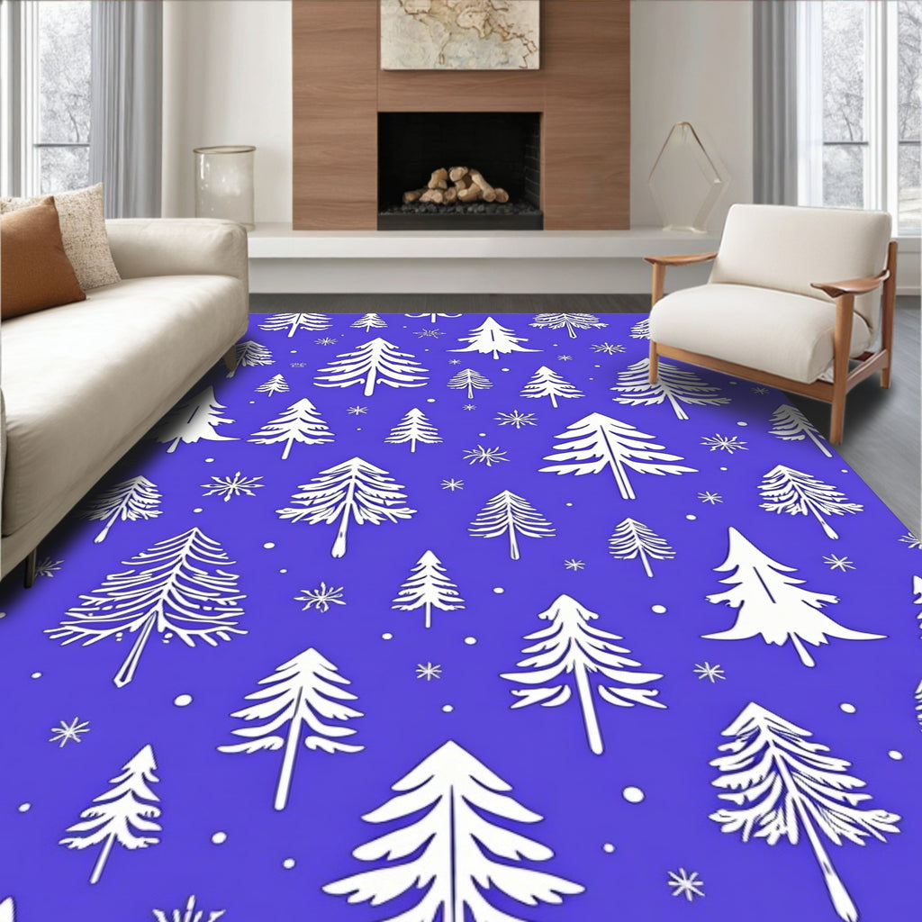 White Trees Snowflakes Blue Background Rug