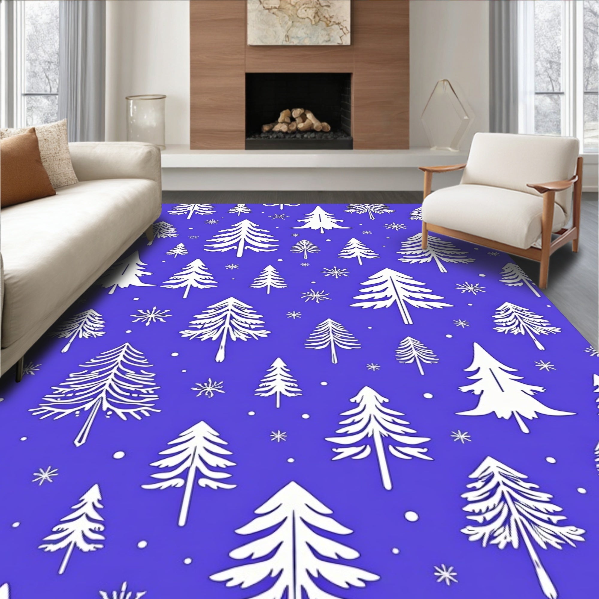 White Trees Snowflakes Blue Background Rug