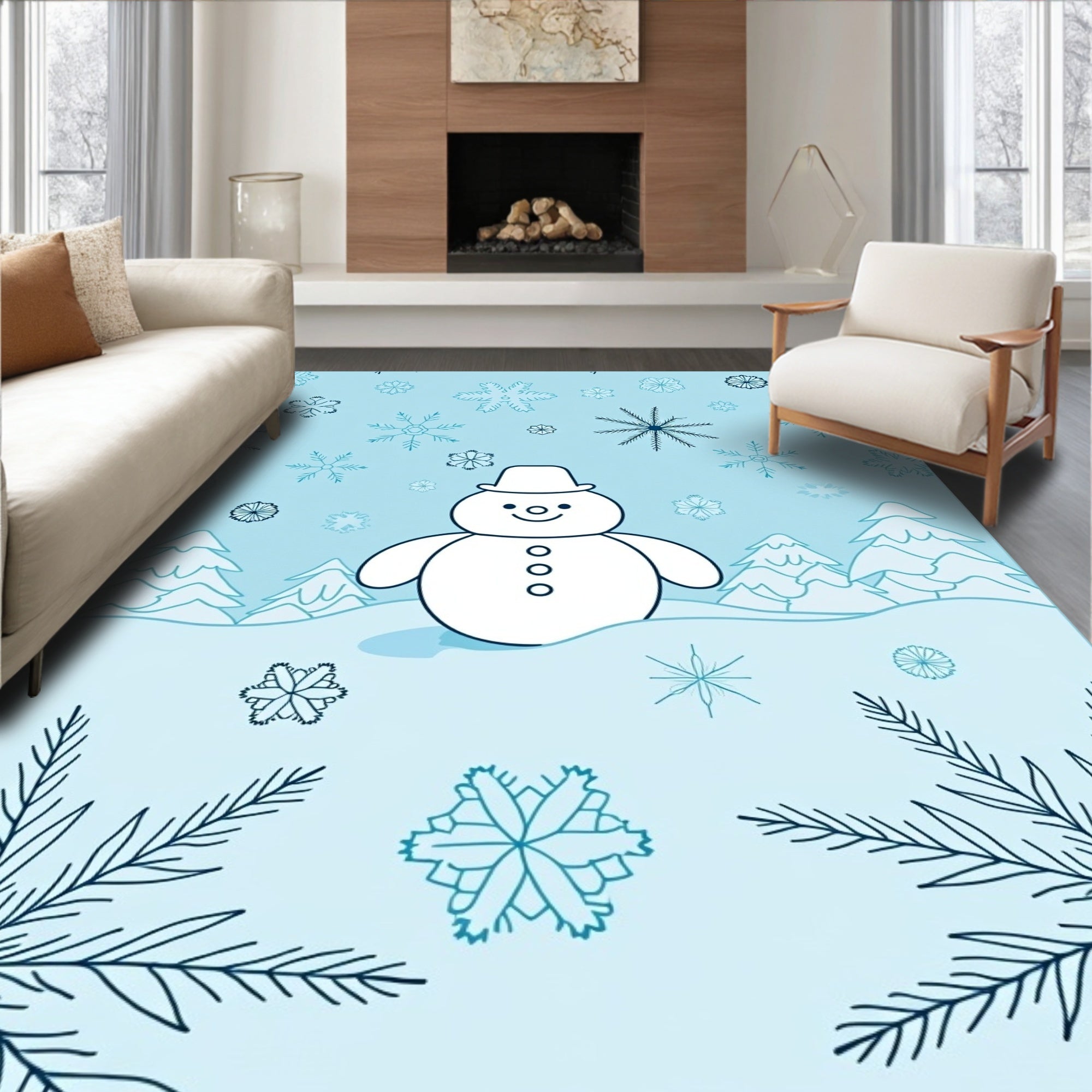 Charming Snowman Snowflake Winter Scene Rug