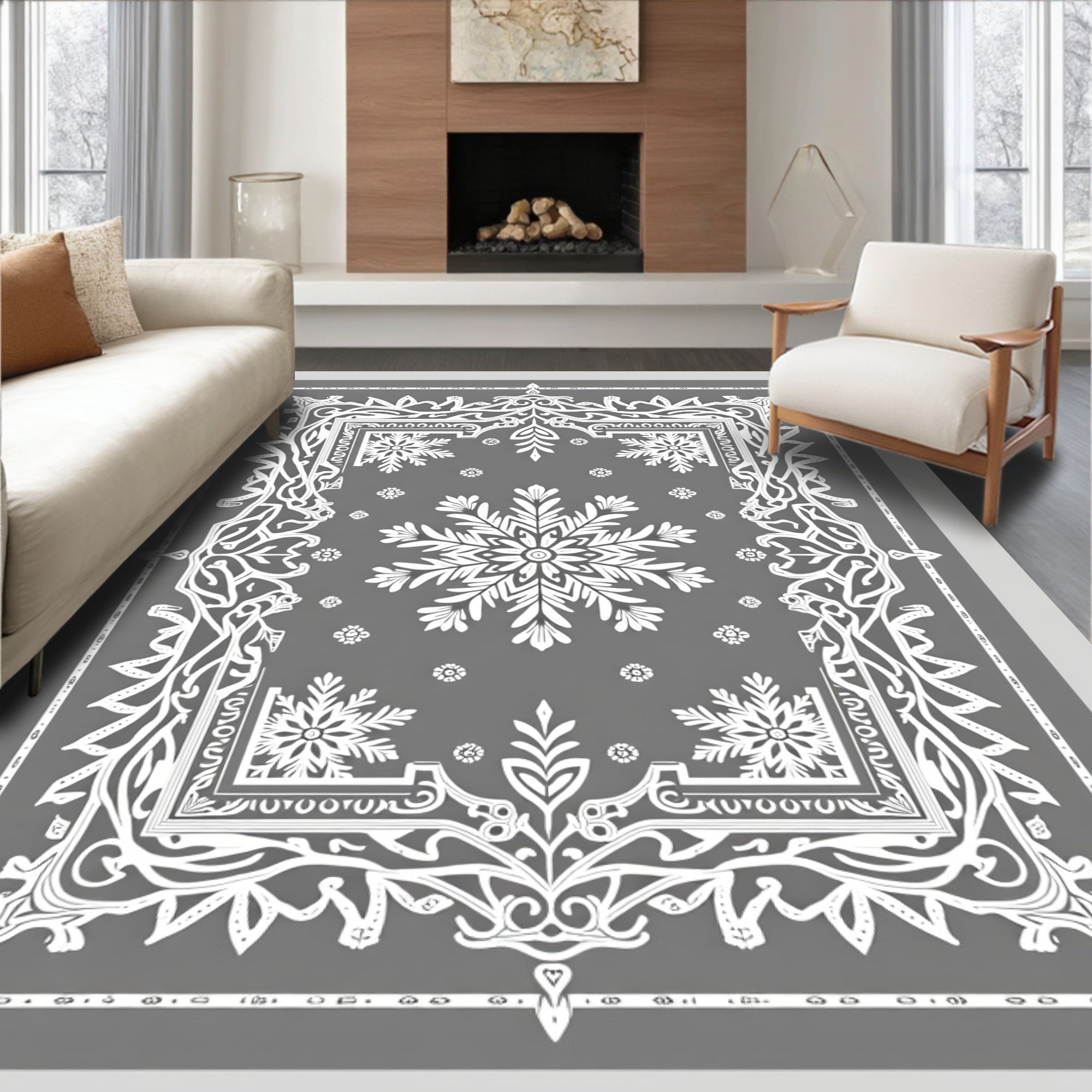 Winter Snowflake Mandala Gray Rug