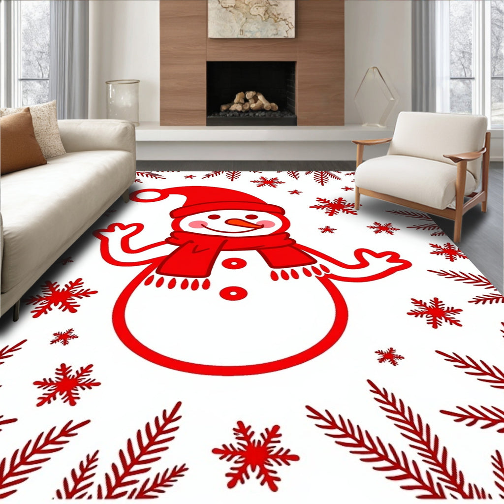 Red Snowman Snowflake Winter Scene Rug