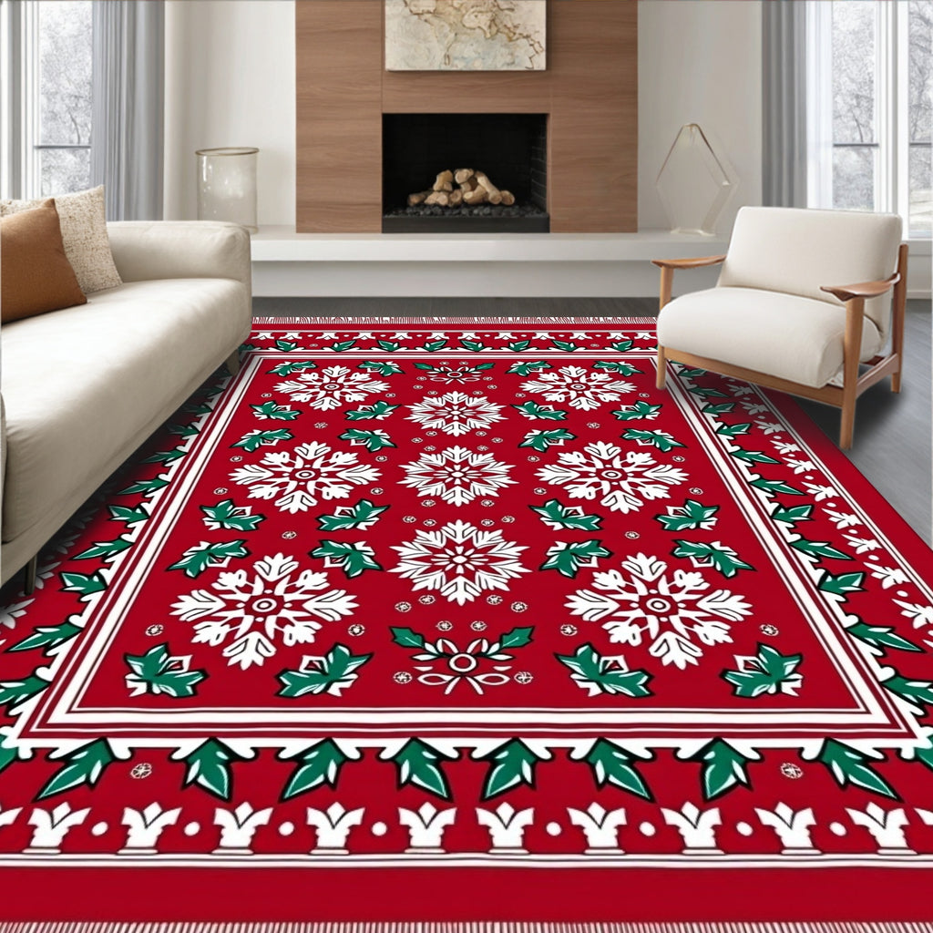 Red White Green Snowflake Holly Border Rug