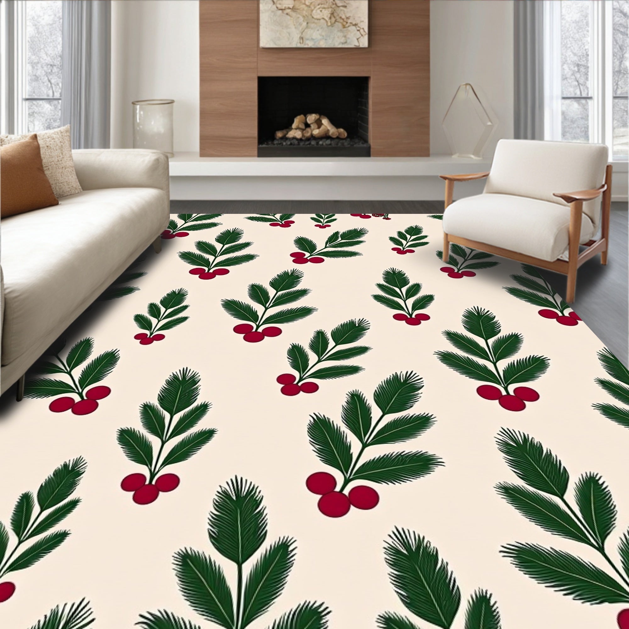 Festive Green Berry Sprig Repeat Rug