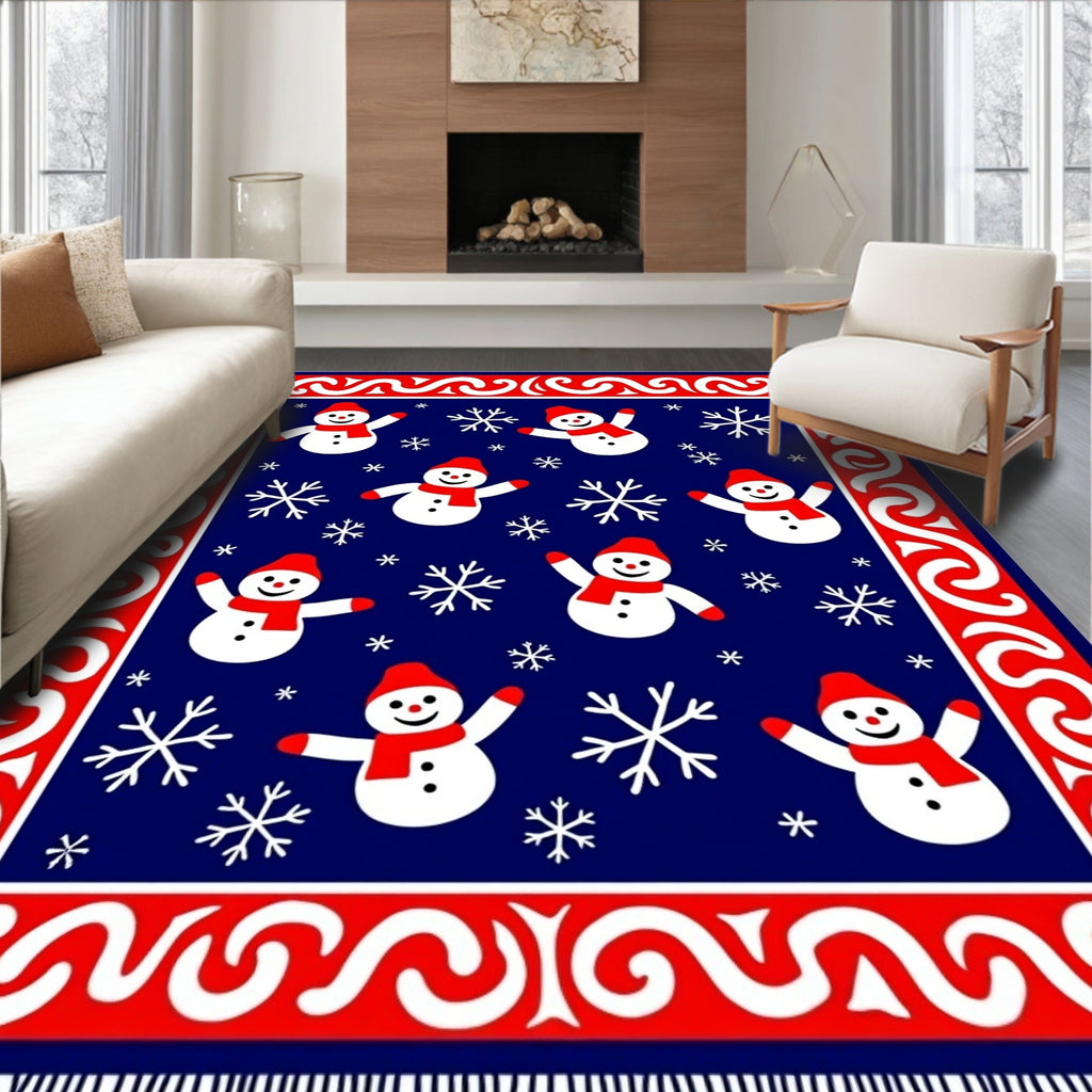 Charming Blue Snowman Snowflake Border Rug