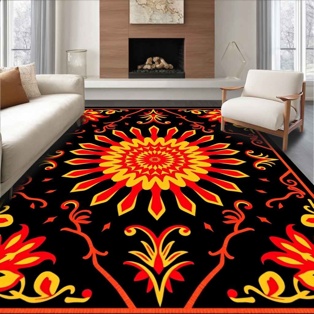 Vibrant Red Yellow Floral Sunburst Rug
