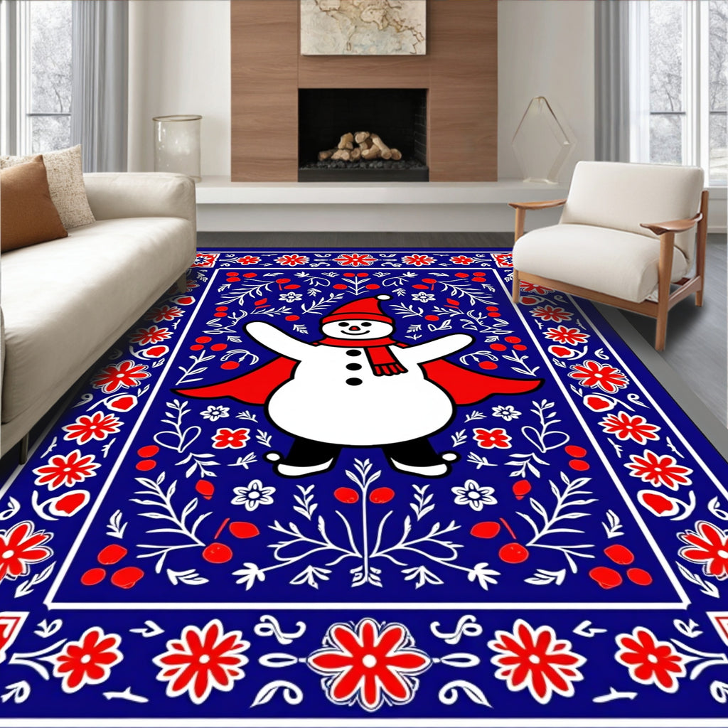 Festive Snowman Red Floral Border Rug