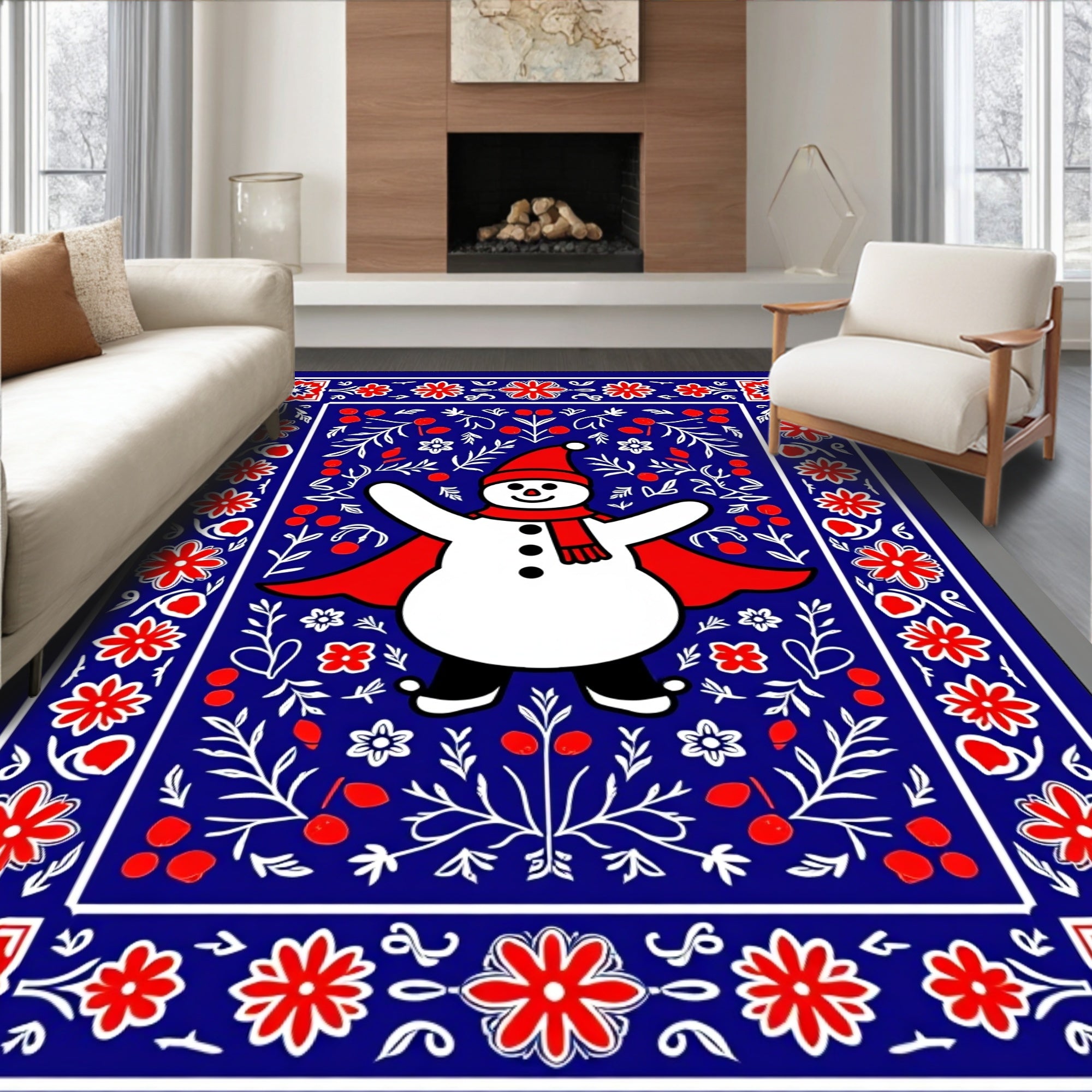 Festive Snowman Red Floral Border Rug