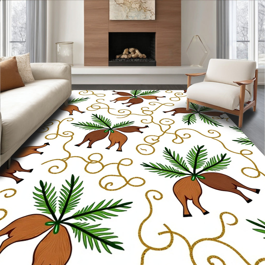 Brown Fawn Green Fern Gold Swirls Rug