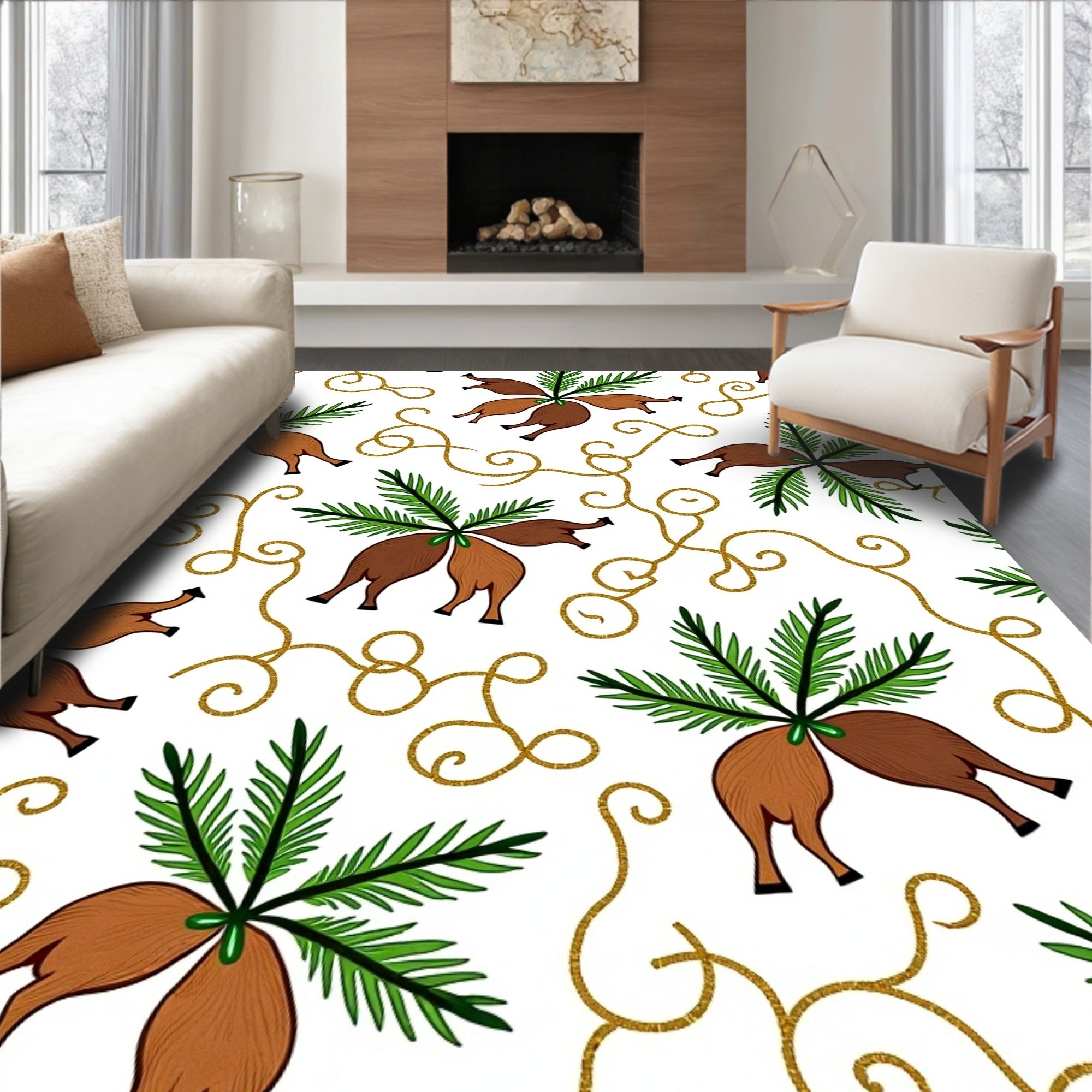 Brown Fawn Green Fern Gold Swirls Rug