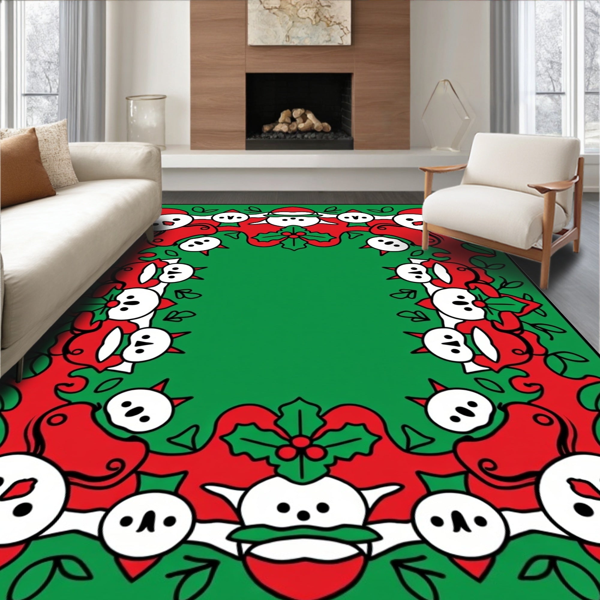 Festive Red Snowman Holly Border Rug