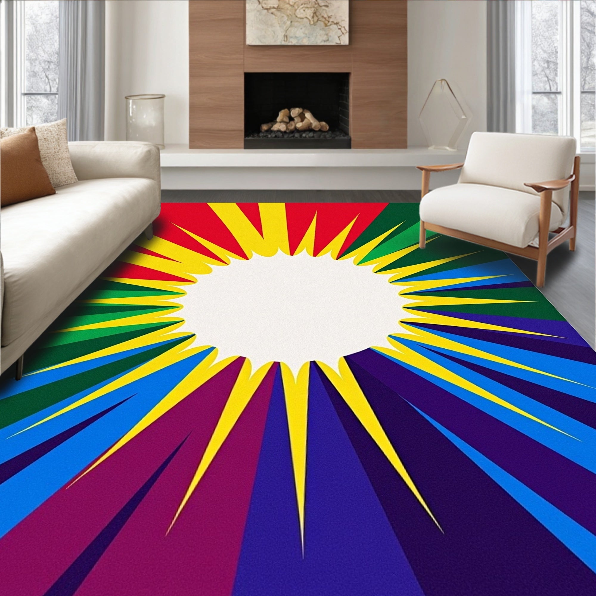 Retro Sunburst Rainbow Rays Rug