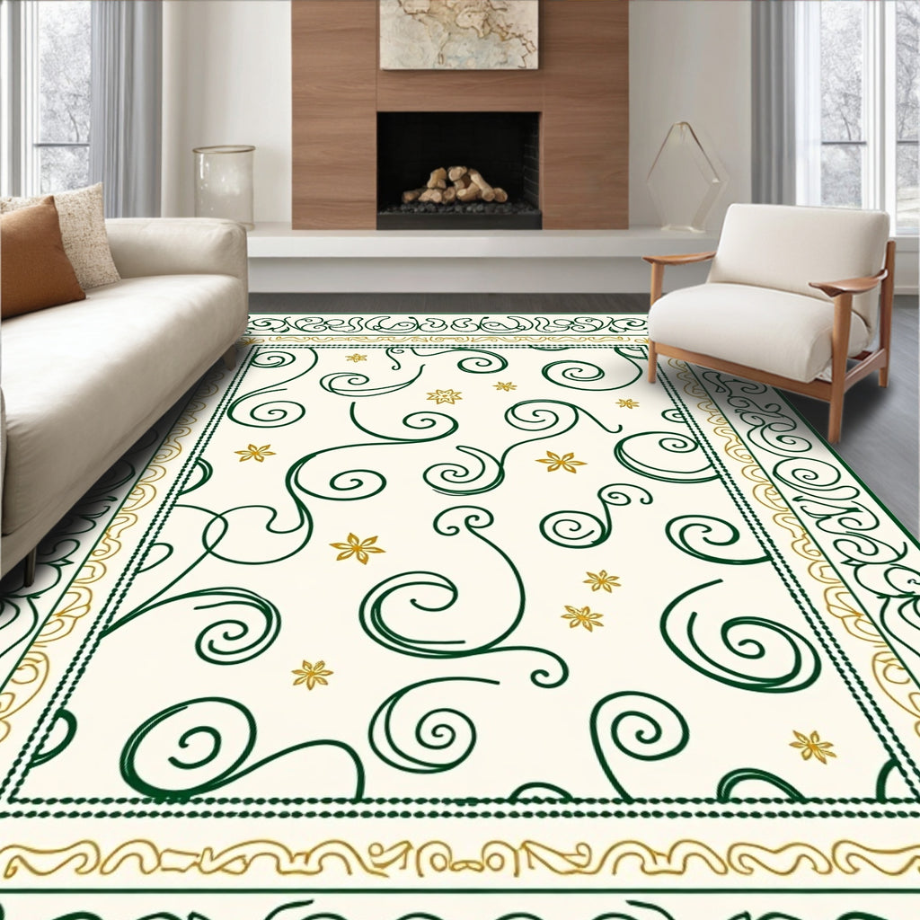Green Gold Swirl Floral Border Cream Rug